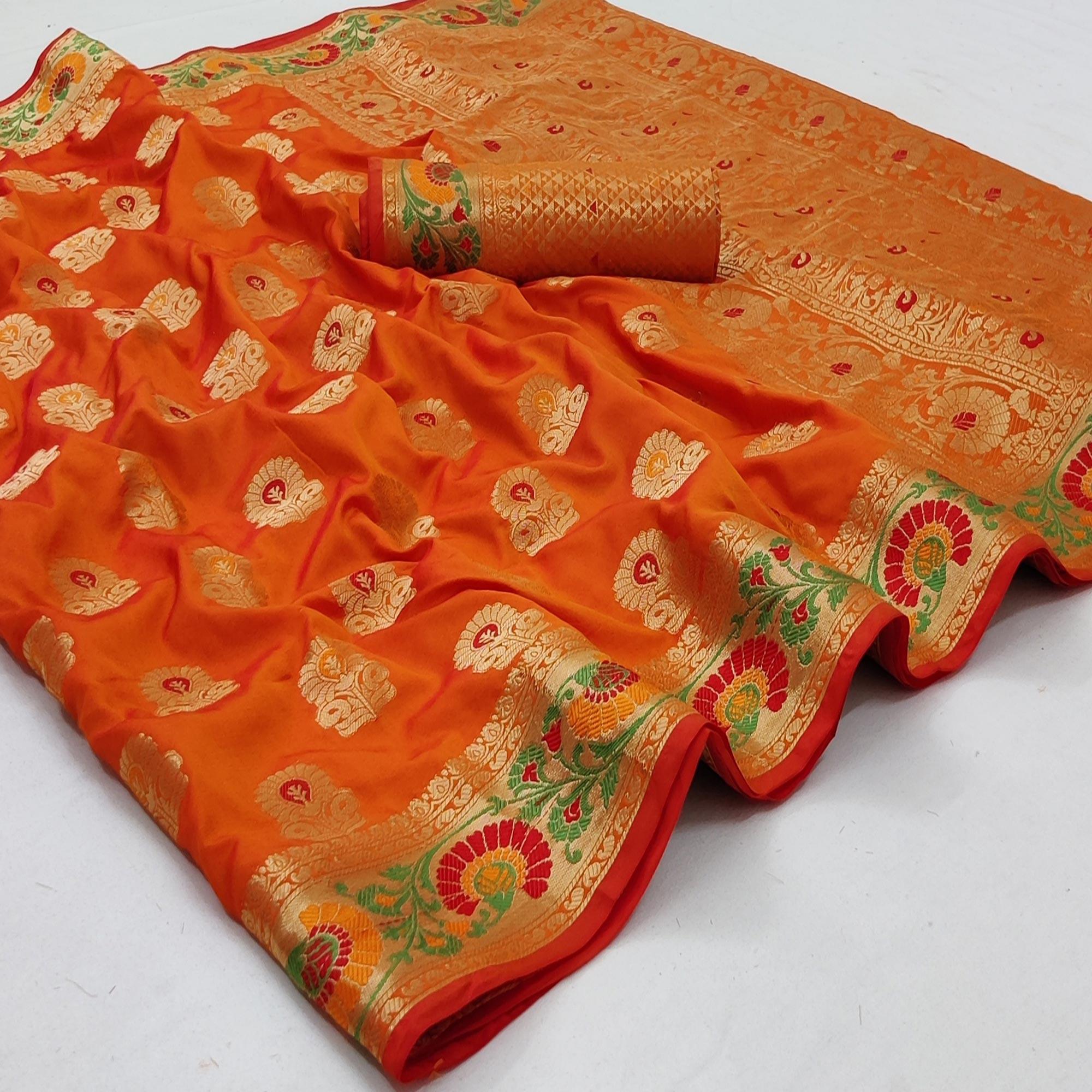 Orange Festive Wear Floral Woven Soft Silk Saree - Peachmode