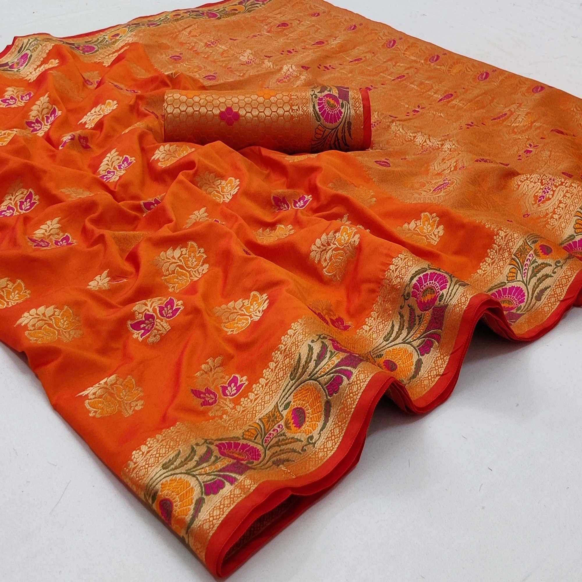 Orange Festive Wear Floral Woven Soft Silk Saree - Peachmode