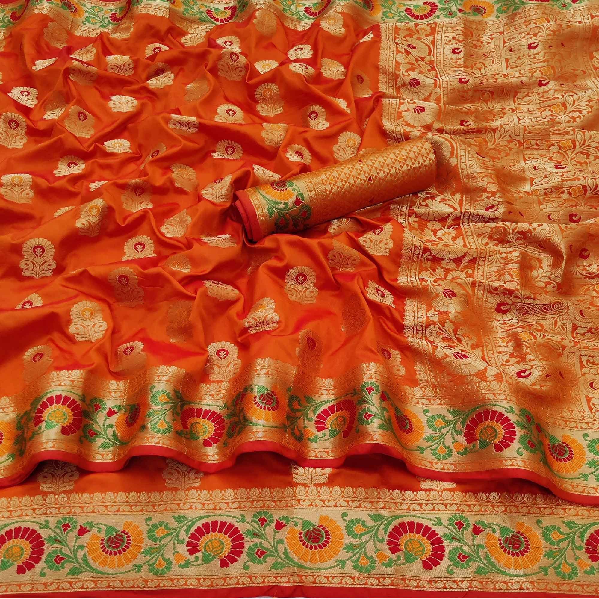 Orange Festive Wear Floral Woven Soft Silk Saree - Peachmode