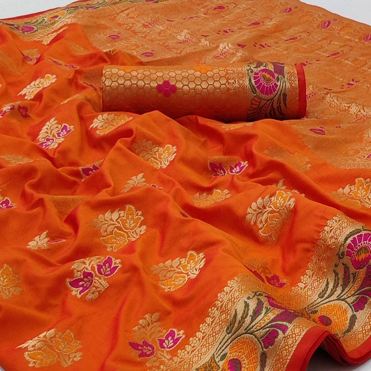 Orange Festive Wear Floral Woven Soft Silk Saree - Peachmode