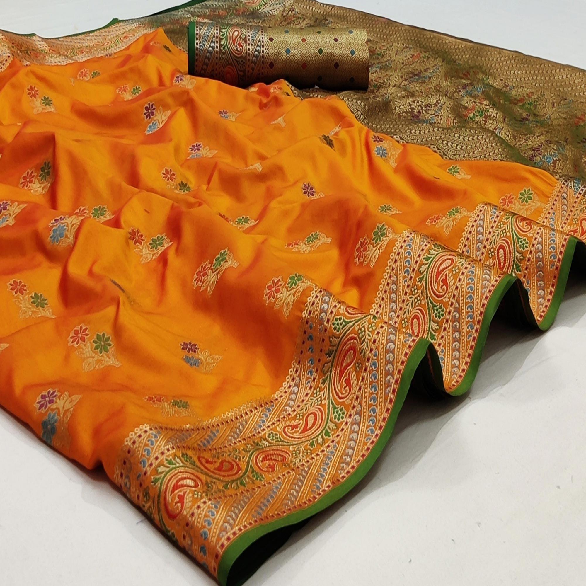 Orange Festive Wear Floral Woven Soft Silk Saree With Jacquard Border - Peachmode