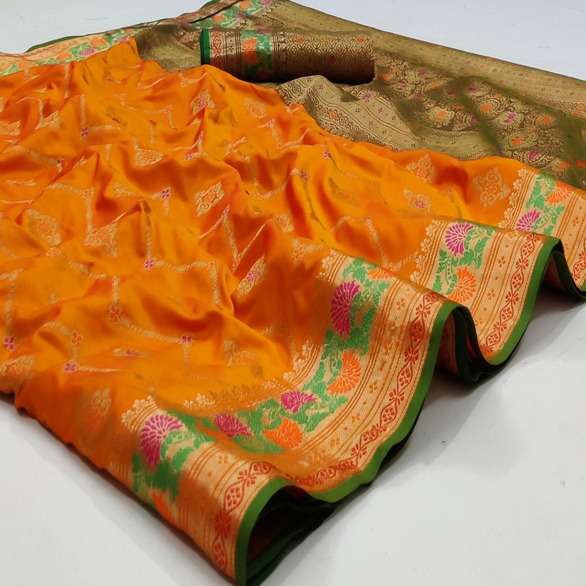 Orange Festive Wear Floral Woven Soft Silk Saree With Jacquard Border - Peachmode