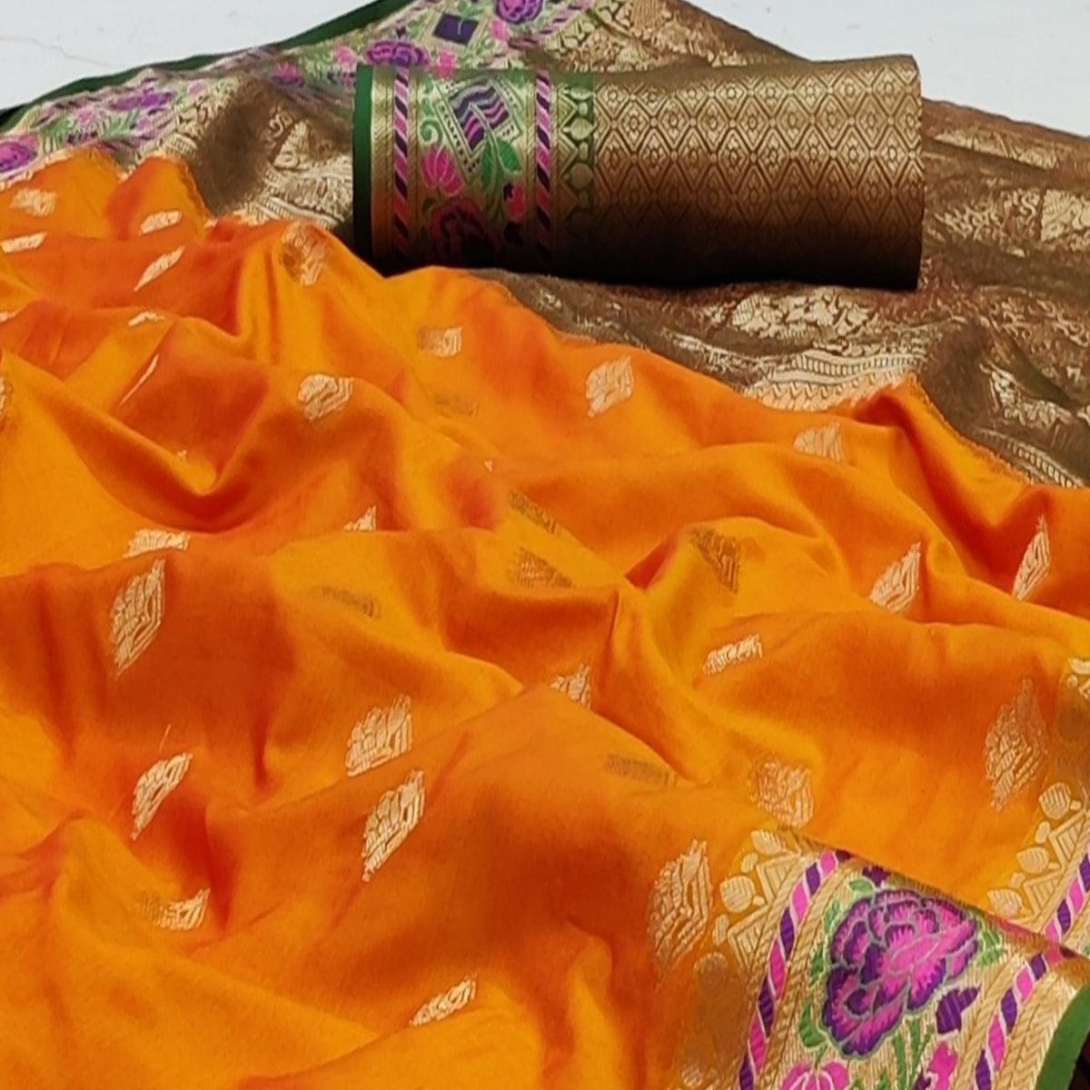 Orange Festive Wear Floral Woven Soft Silk Saree With Jacquard Border - Peachmode