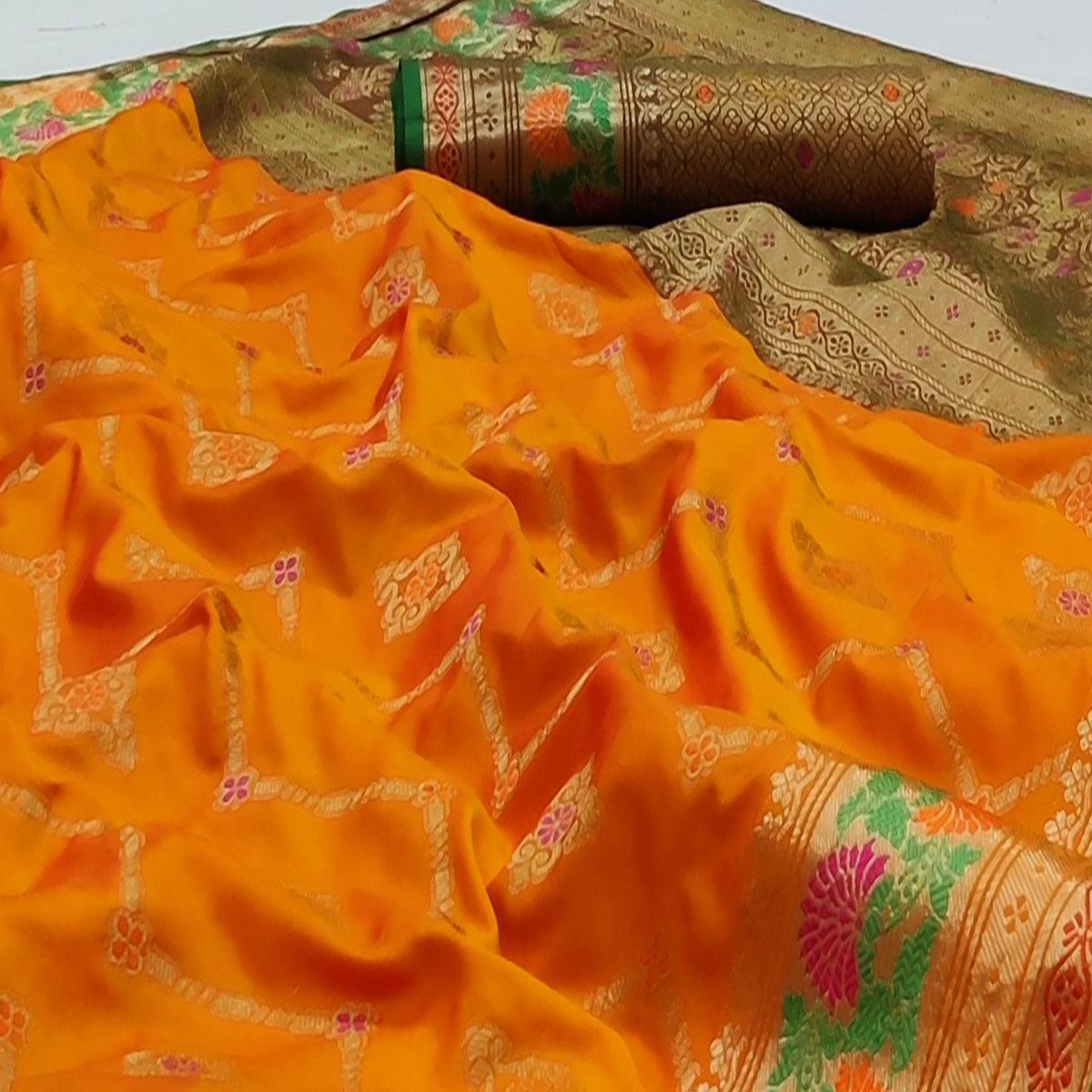 Orange Festive Wear Floral Woven Soft Silk Saree With Jacquard Border - Peachmode