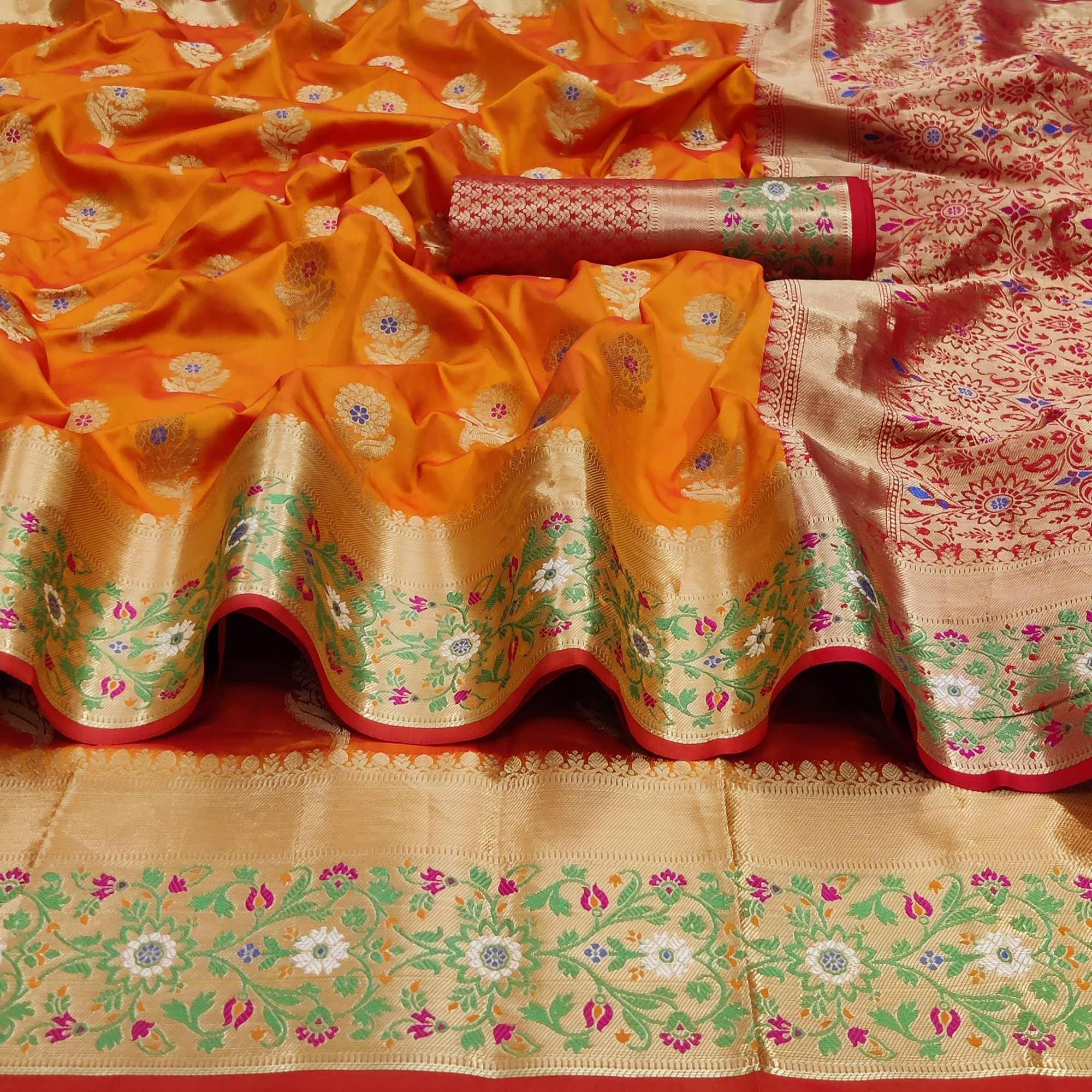 Orange Festive Wear Floral Woven Soft Silk Saree With Jacquard Border - Peachmode
