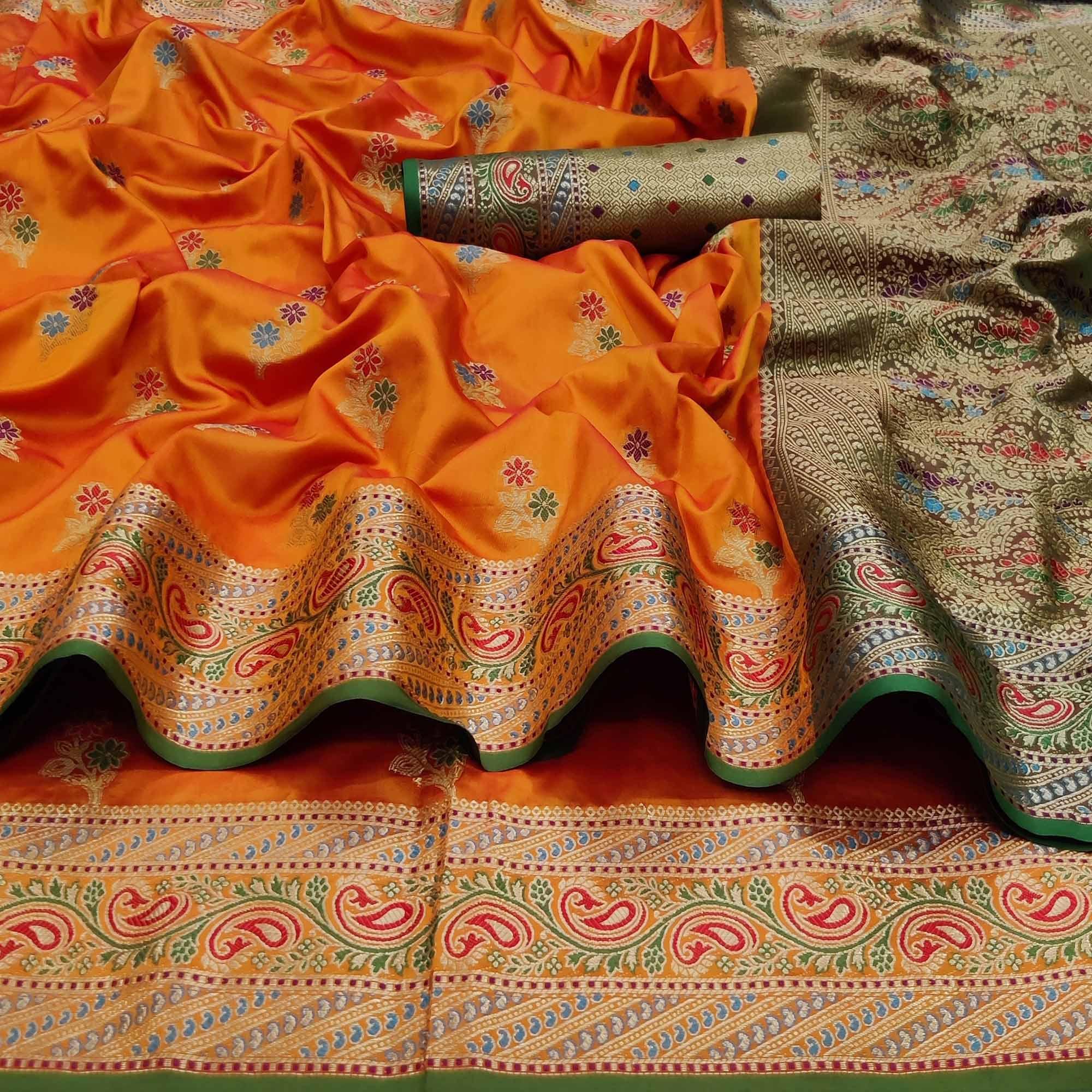 Orange Festive Wear Floral Woven Soft Silk Saree With Jacquard Border - Peachmode