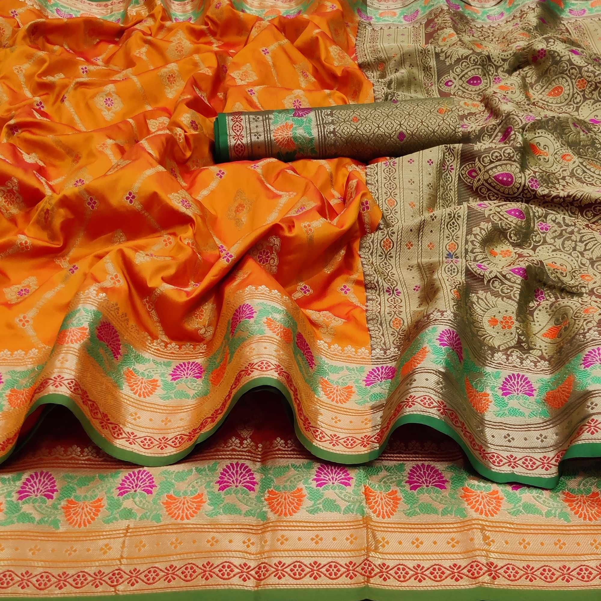 Orange Festive Wear Floral Woven Soft Silk Saree With Jacquard Border - Peachmode