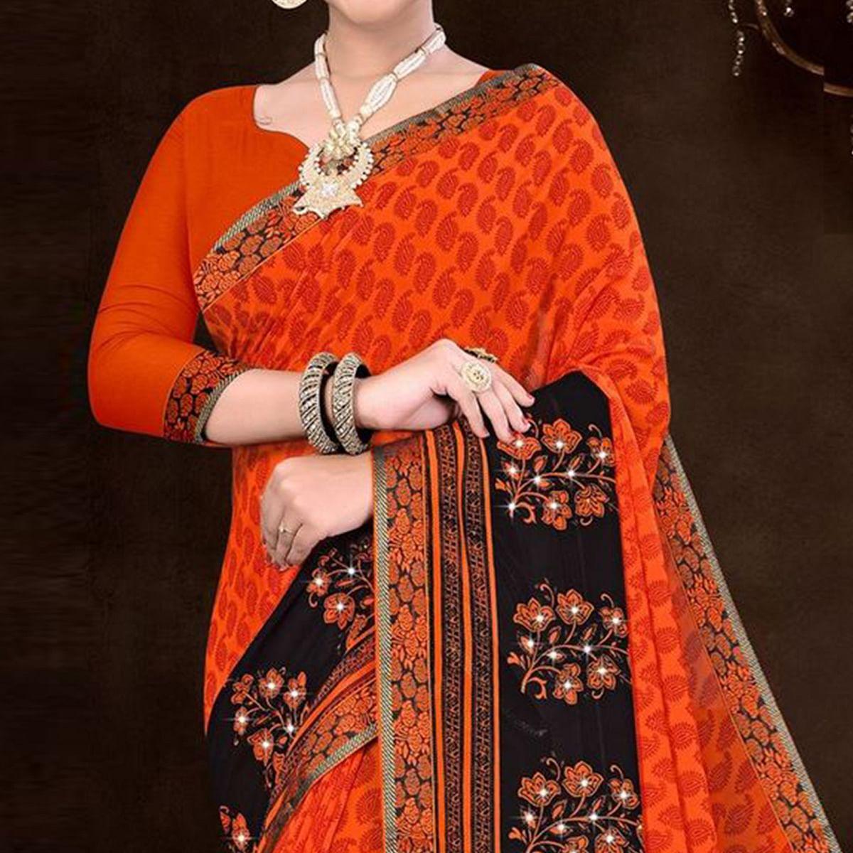 Orange Festive Wear Geometric Printed  Work Georgette Designer Saree - Peachmode