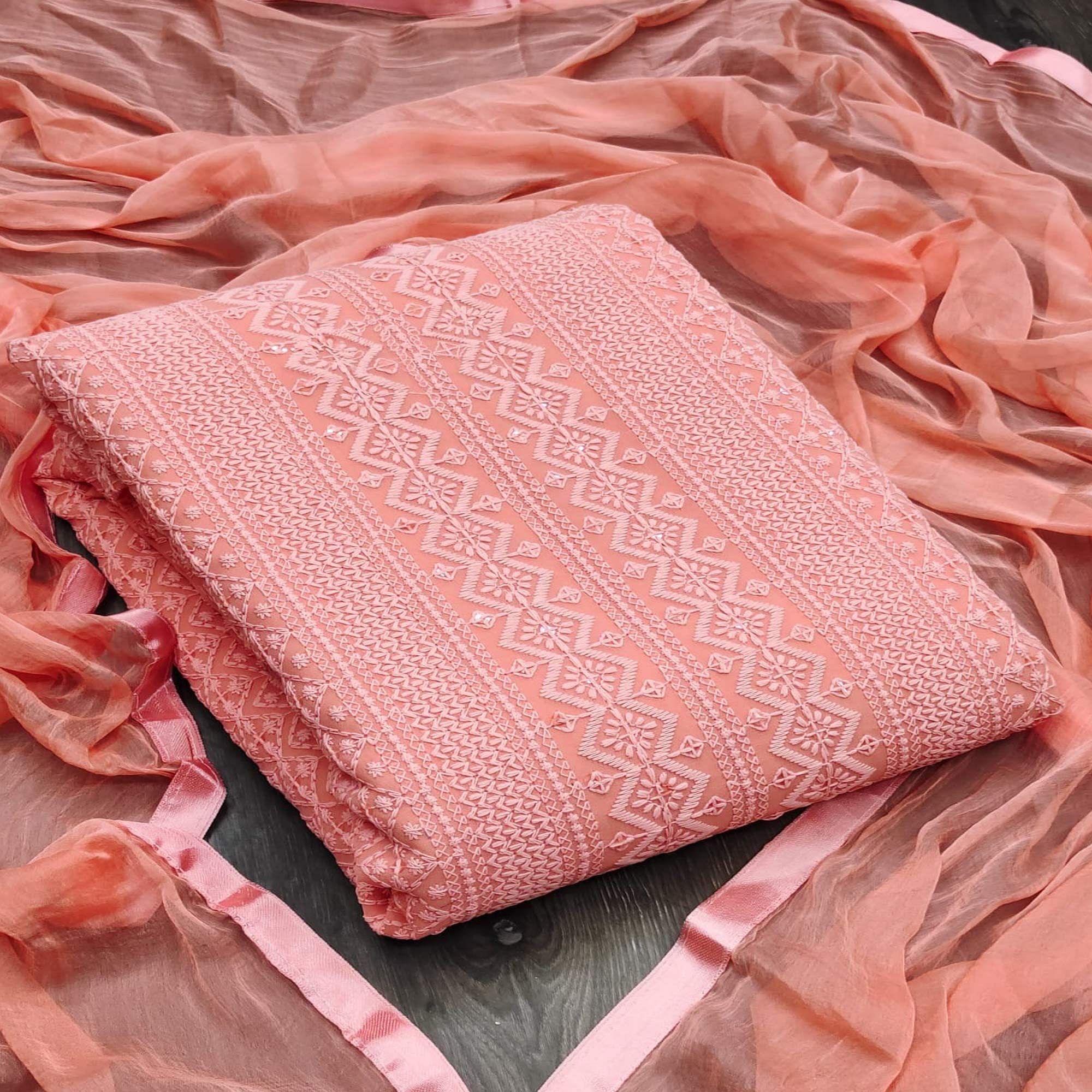 Orange Festive Wear Heavy Embroidered Georgette Dress Material - Peachmode