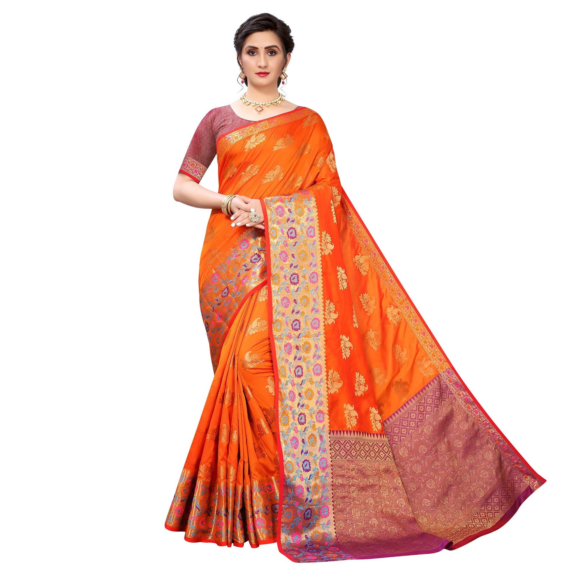 Orange Festive Wear Jari Woven Heavy Silk Saree - Peachmode