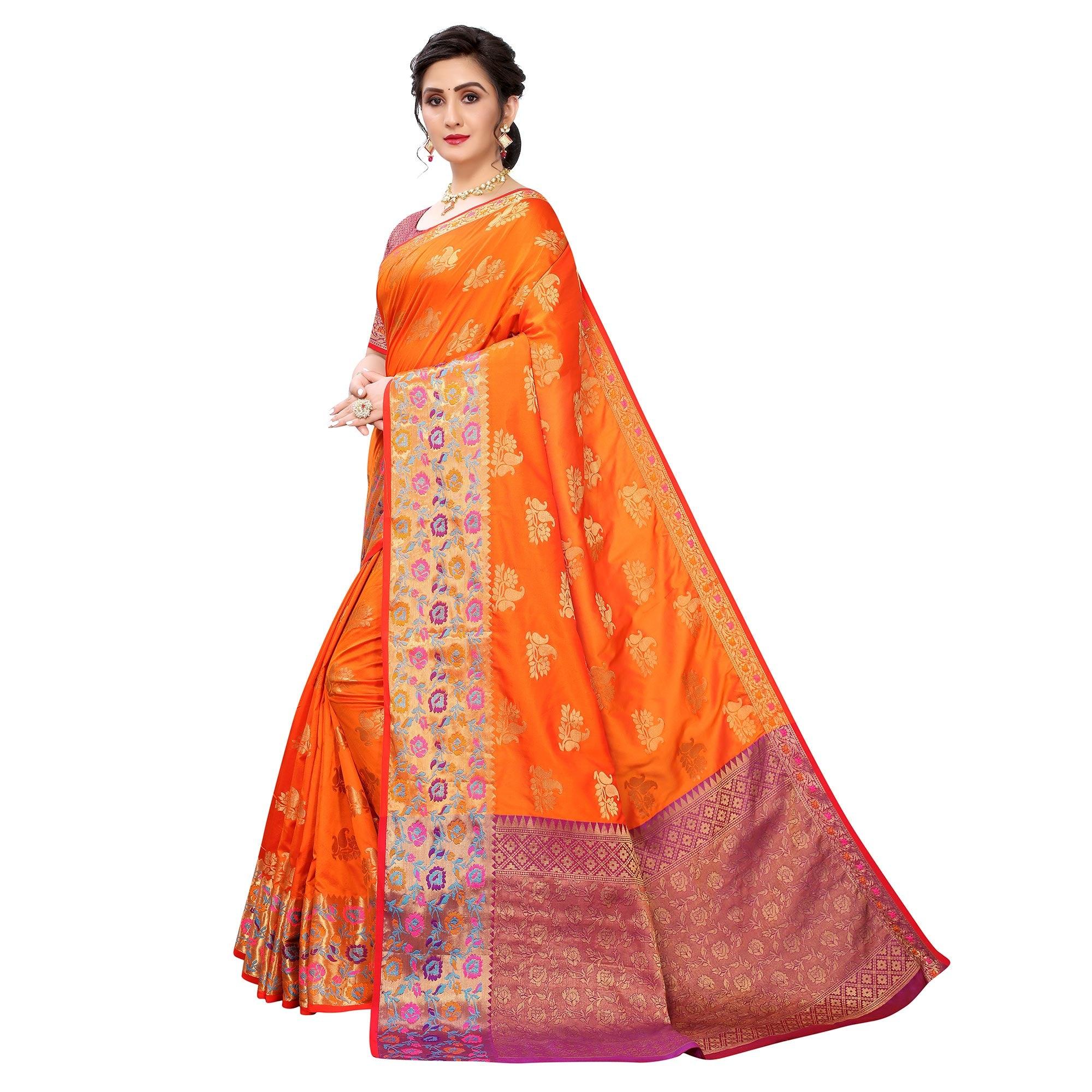 Orange Festive Wear Jari Woven Heavy Silk Saree - Peachmode