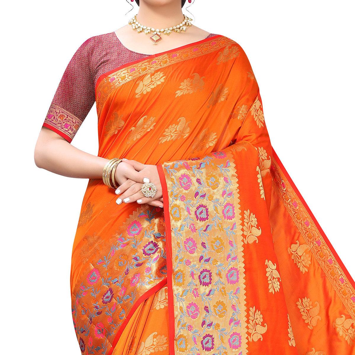 Orange Festive Wear Jari Woven Heavy Silk Saree - Peachmode