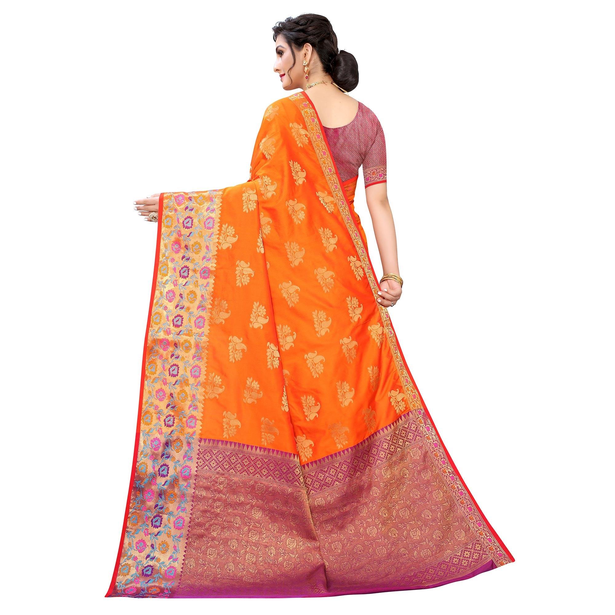 Orange Festive Wear Jari Woven Heavy Silk Saree - Peachmode