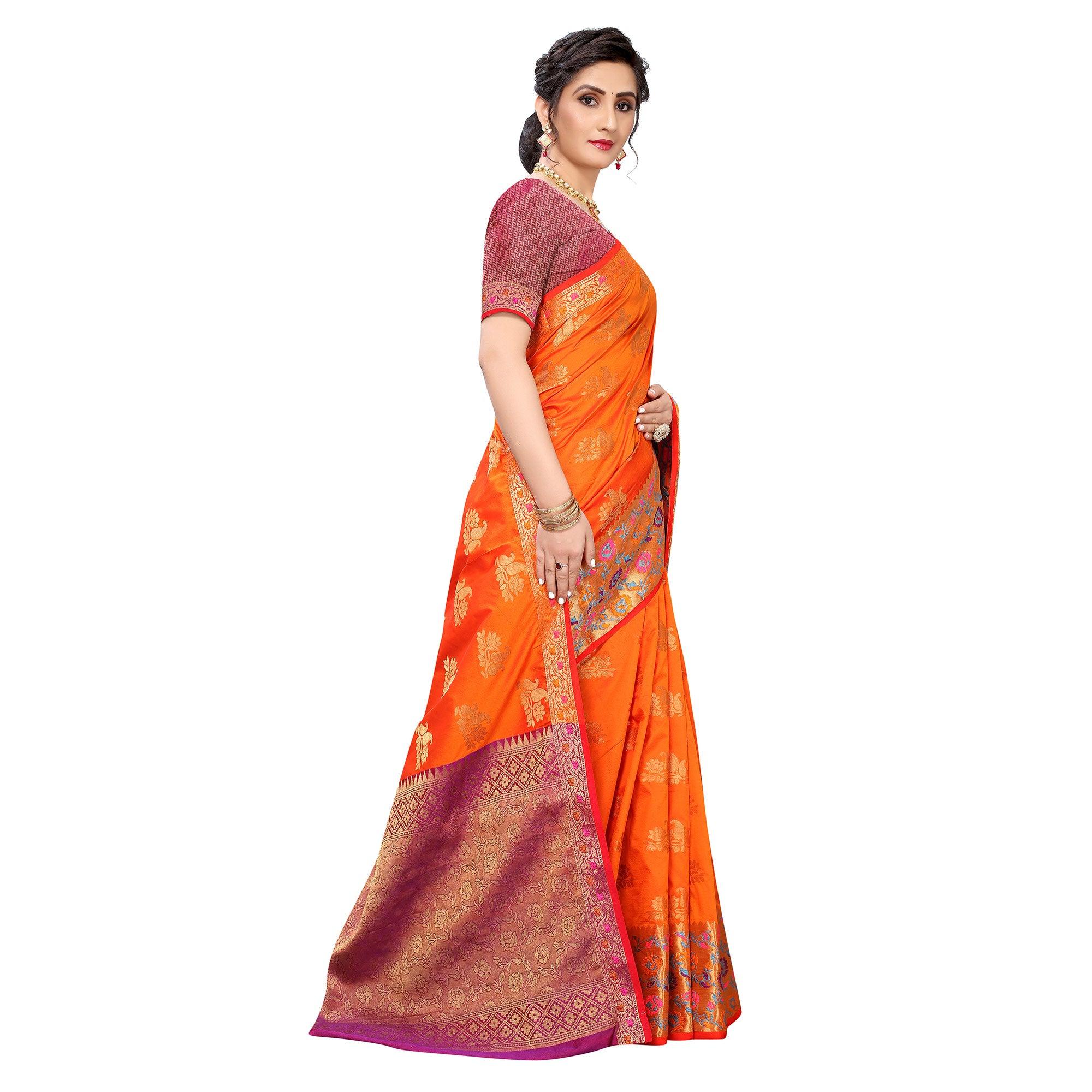Orange Festive Wear Jari Woven Heavy Silk Saree - Peachmode