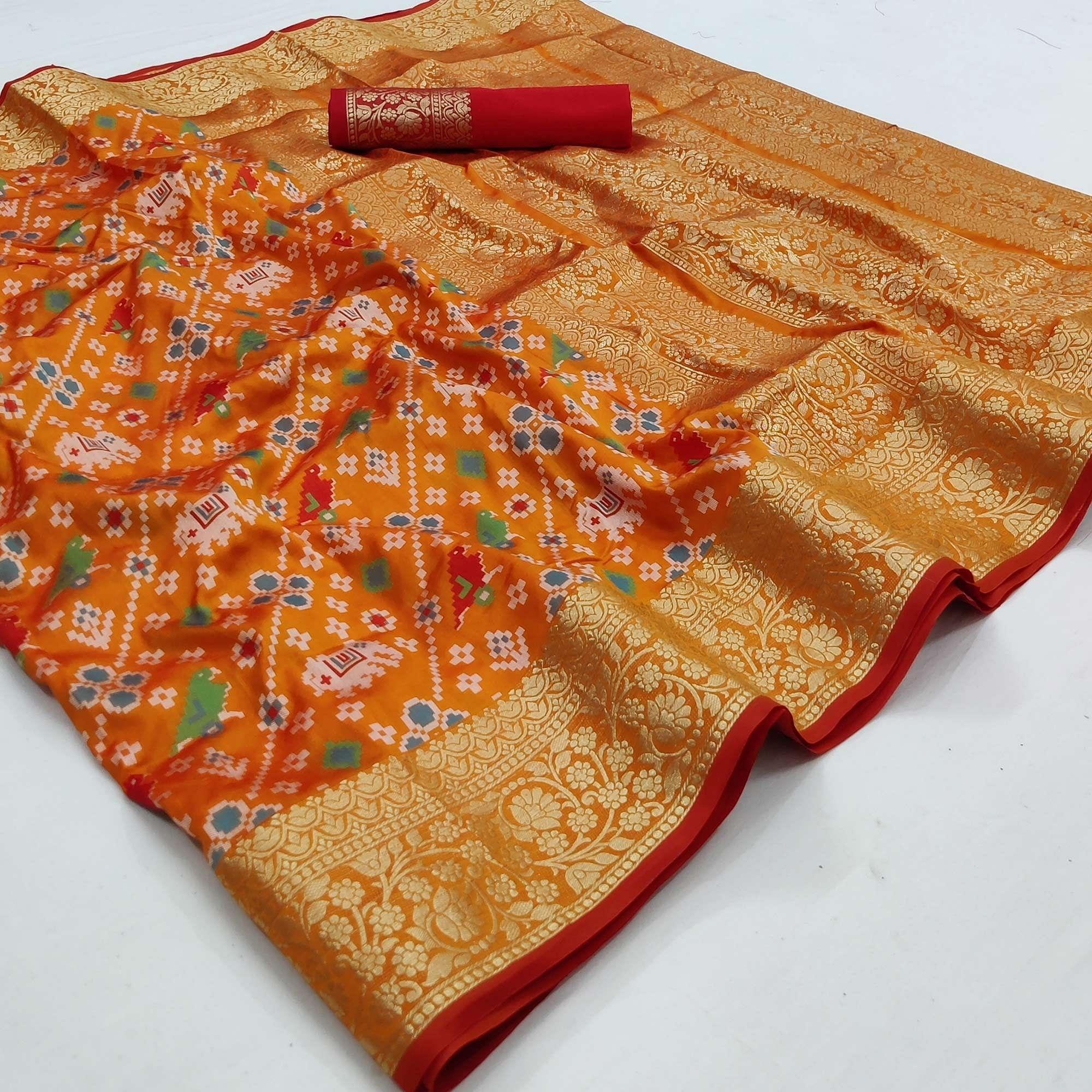 Orange Festive Wear Patola Printed Art Silk Saree - Peachmode