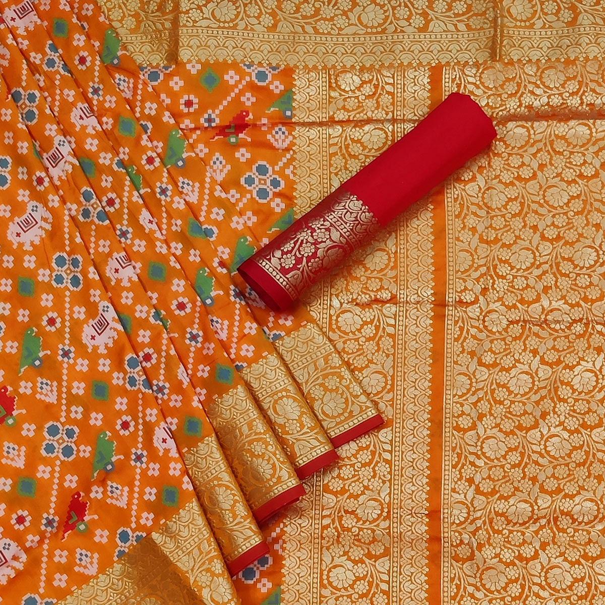 Orange Festive Wear Patola Printed Art Silk Saree - Peachmode