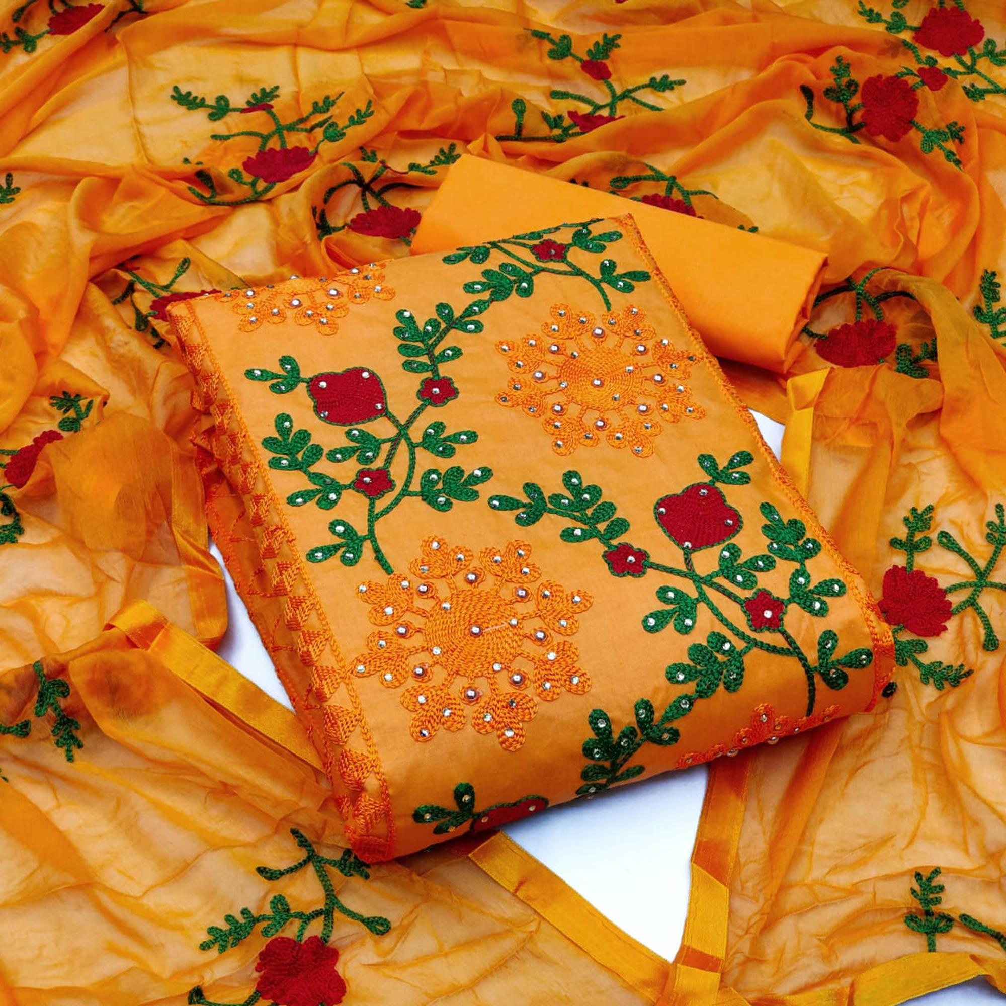 Orange Festive Wear Pearl Work Embroidered Cotton Dress Material - Peachmode