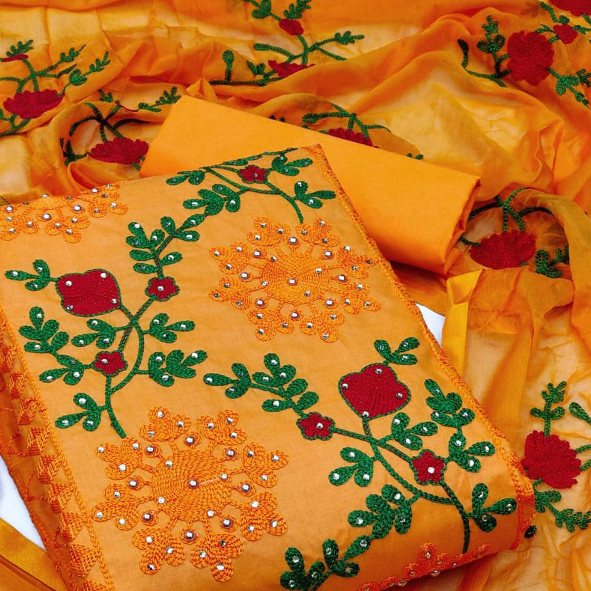 Orange Festive Wear Pearl Work Embroidered Cotton Dress Material - Peachmode