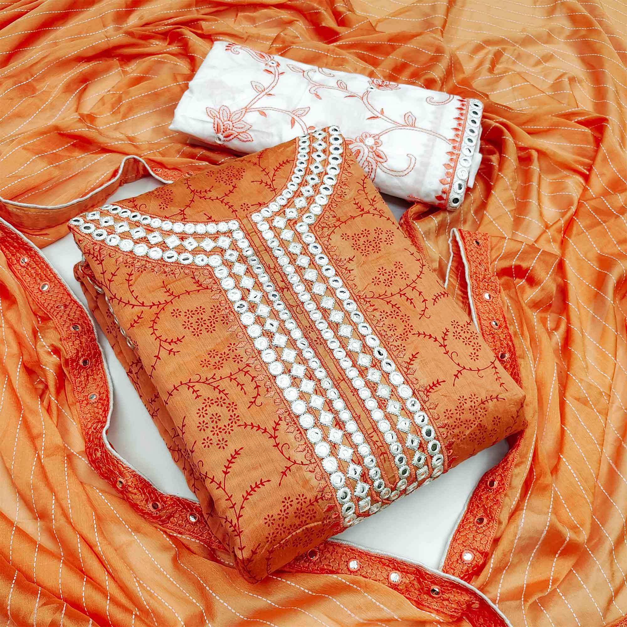 Orange Festive Wear Print With Embroidered Chanderi Dress Material - Peachmode