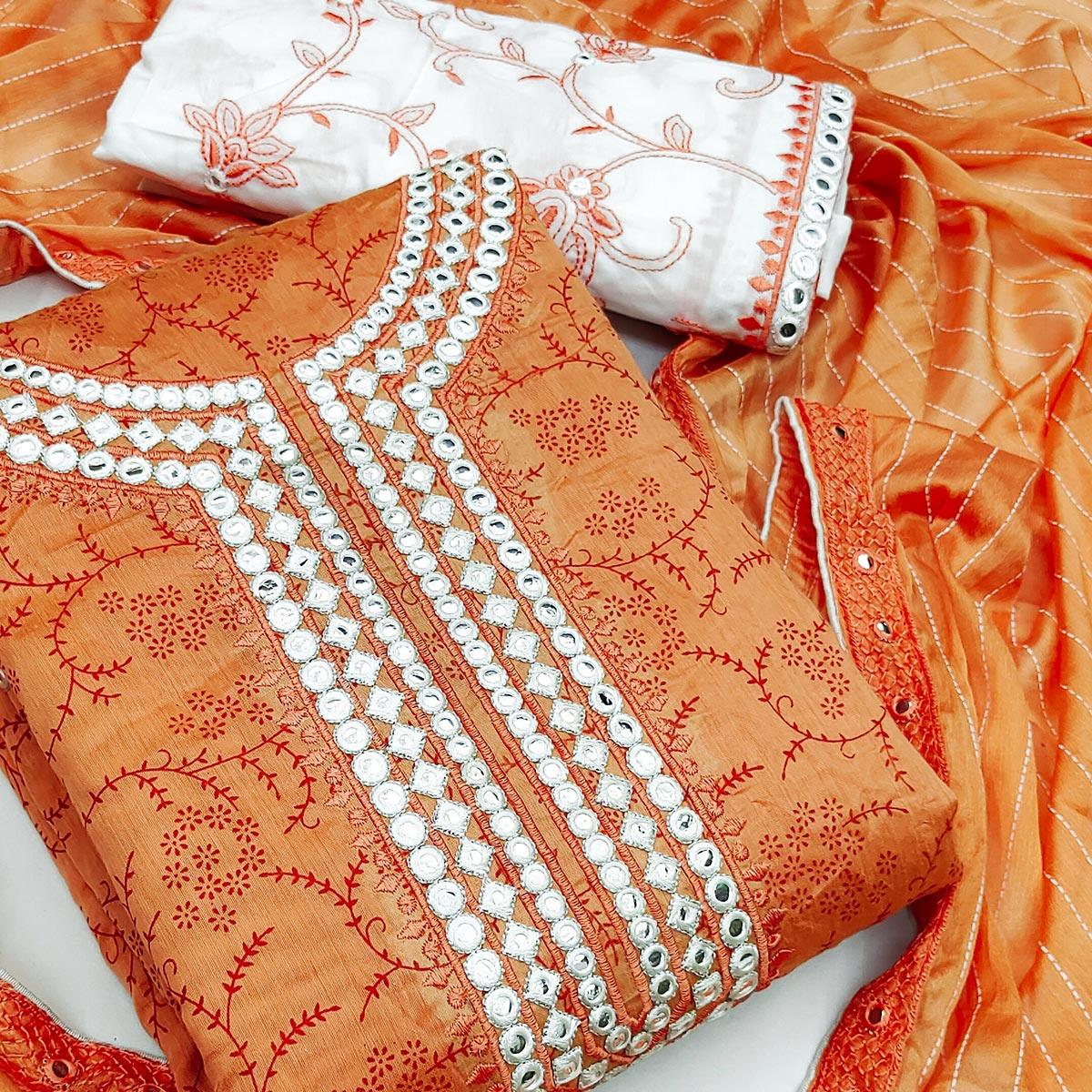 Orange Festive Wear Print With Embroidered Chanderi Dress Material - Peachmode