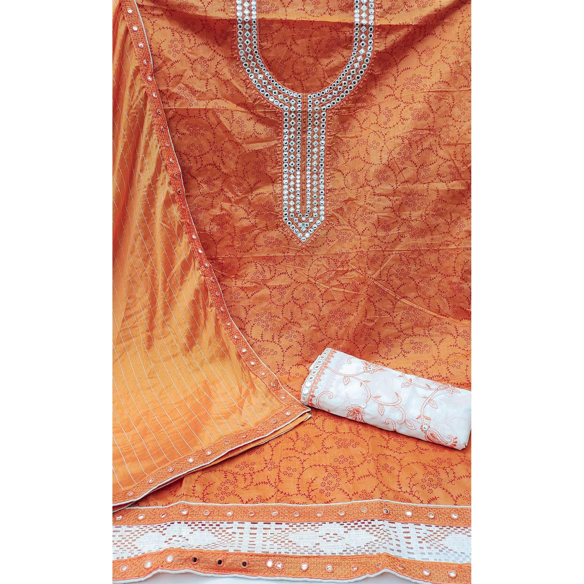 Orange Festive Wear Print With Embroidered Chanderi Dress Material - Peachmode