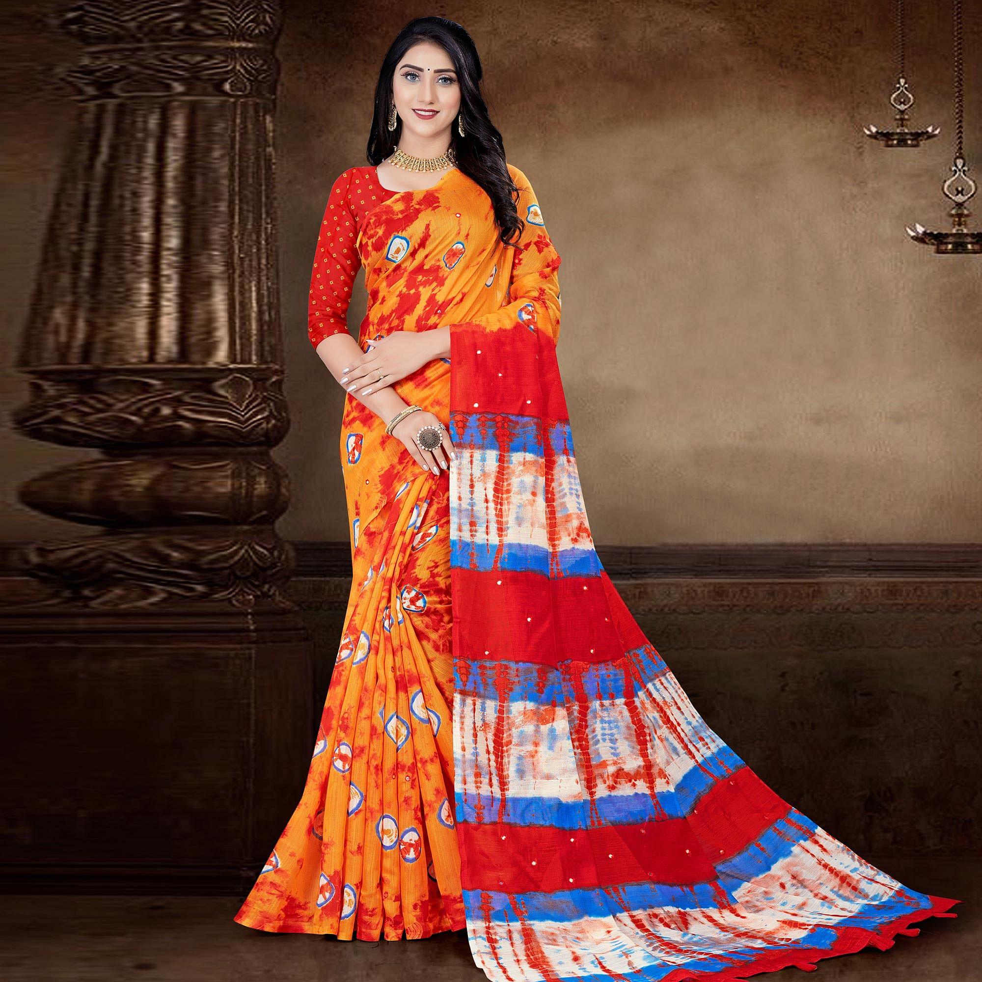 Orange Festive Wear Print With Mirror Work Cotton Silk Saree - Peachmode