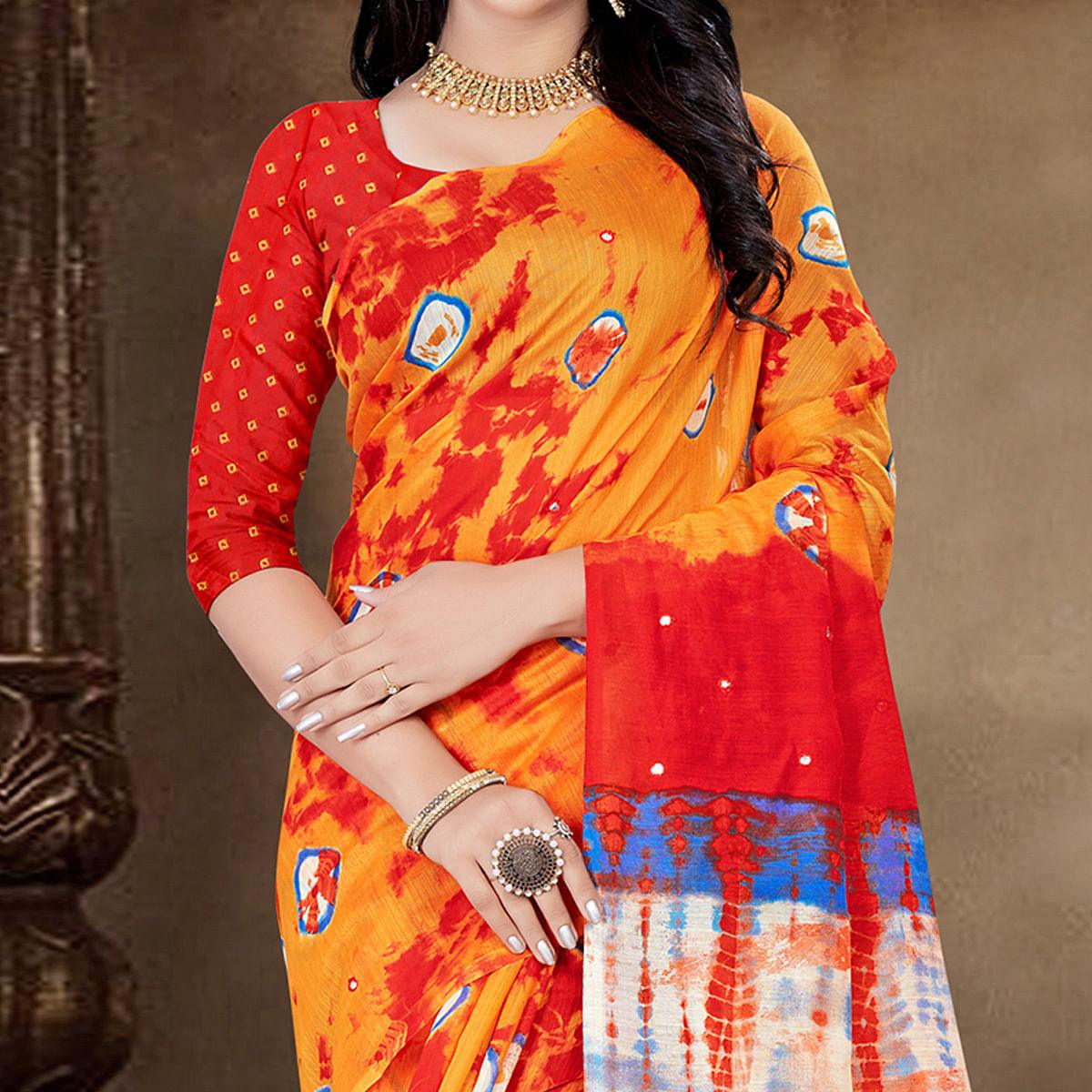 Orange Festive Wear Print With Mirror Work Cotton Silk Saree - Peachmode