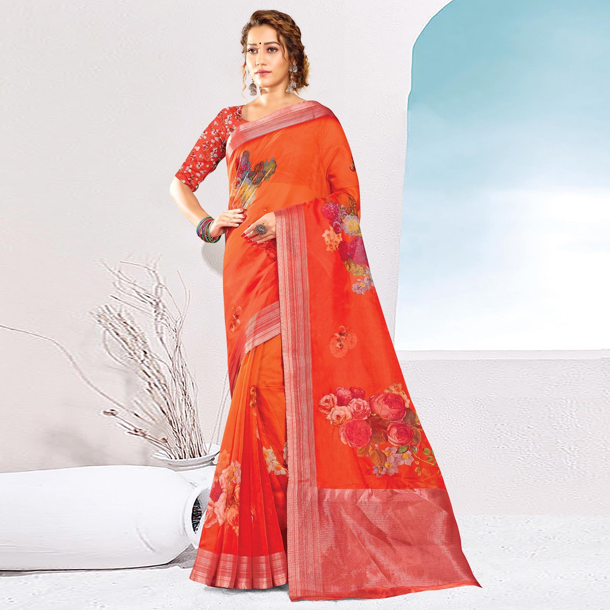 Orange Festive Wear Printed & Woven Organza Saree - Peachmode