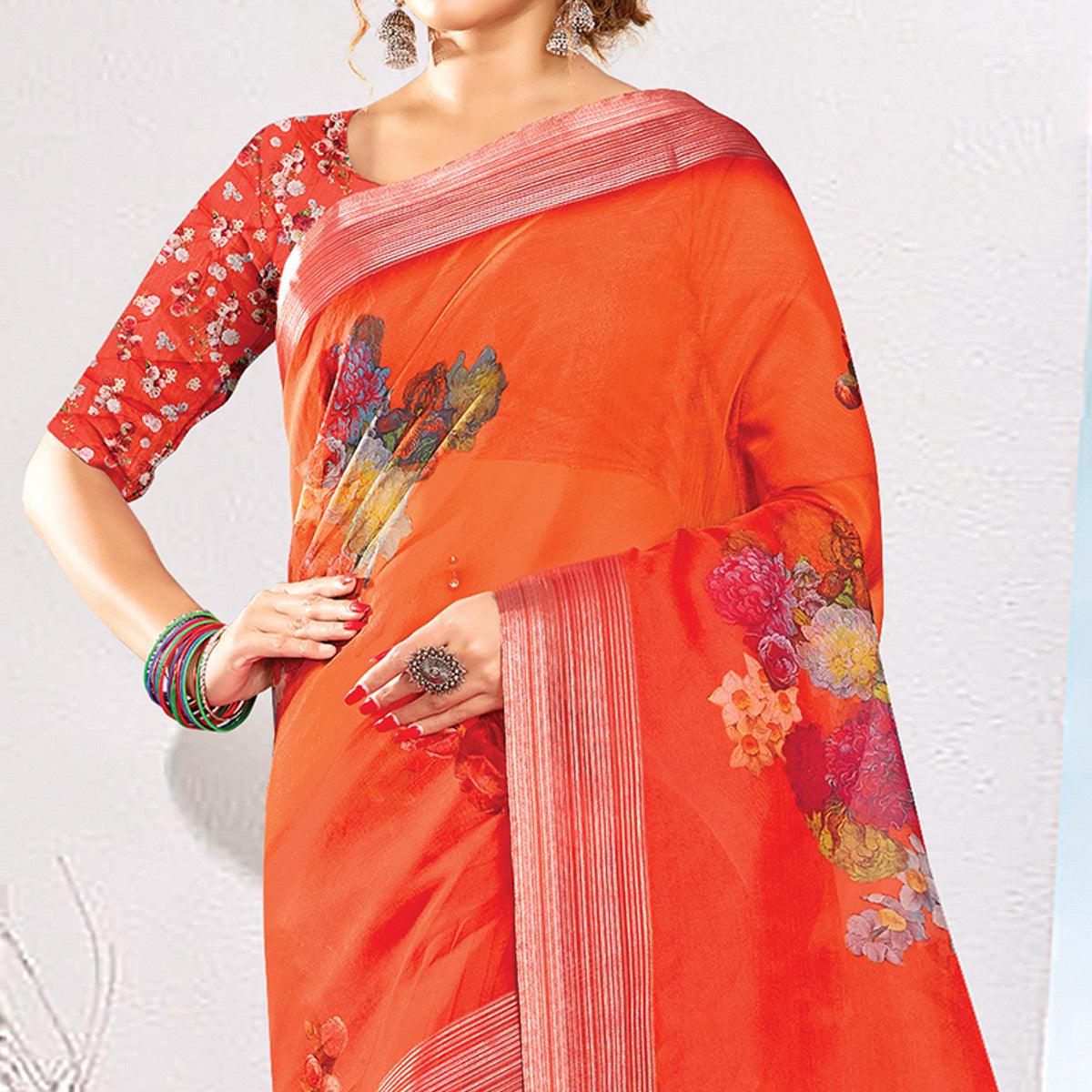 Orange Festive Wear Printed & Woven Organza Saree - Peachmode