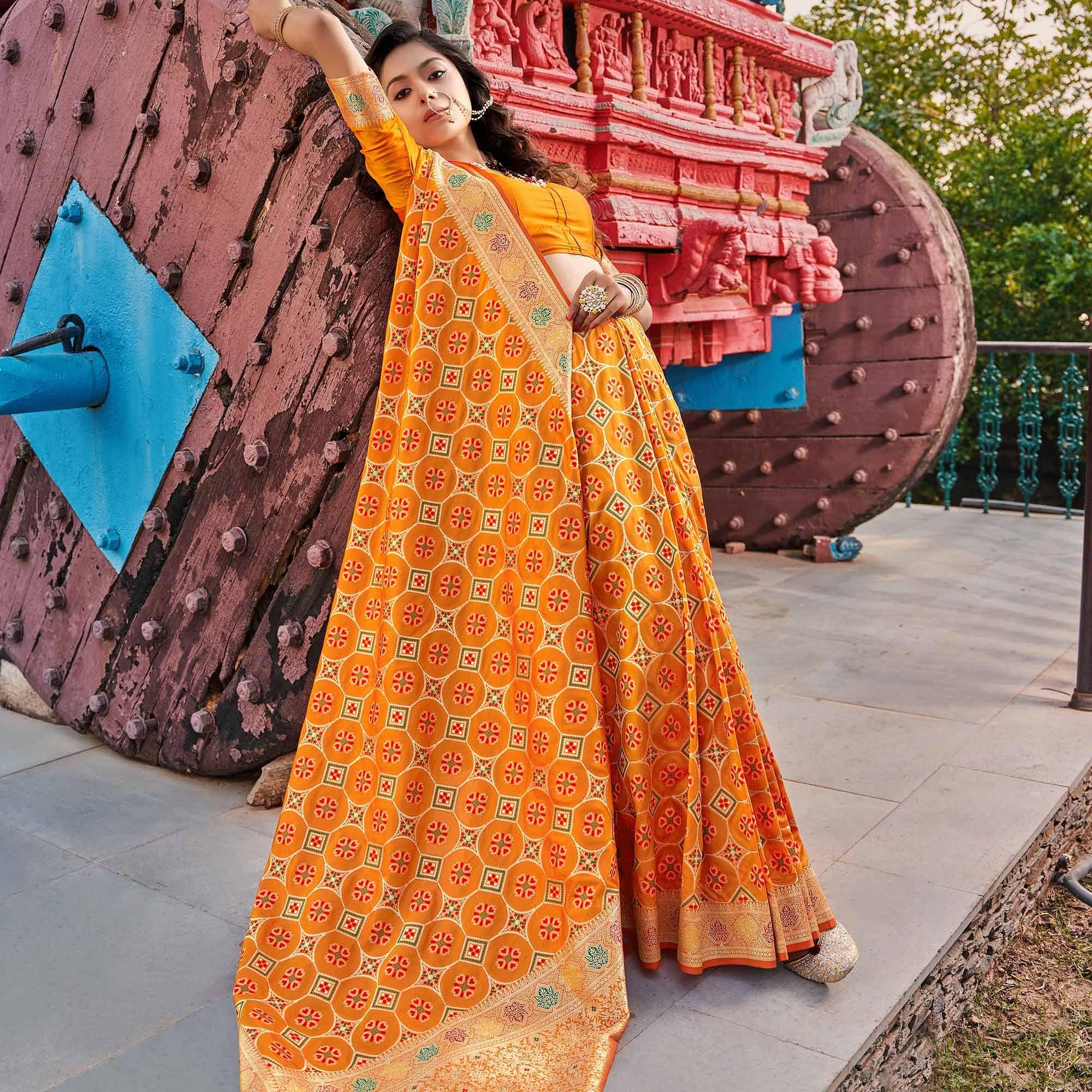 Orange Festive Wear Printed Banarasi Soft Silk Saree - Peachmode
