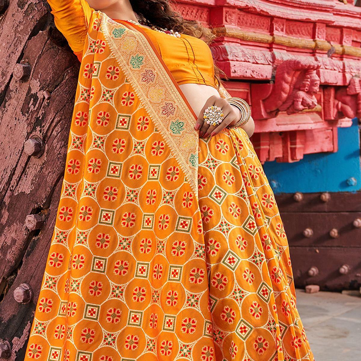 Orange Festive Wear Printed Banarasi Soft Silk Saree - Peachmode