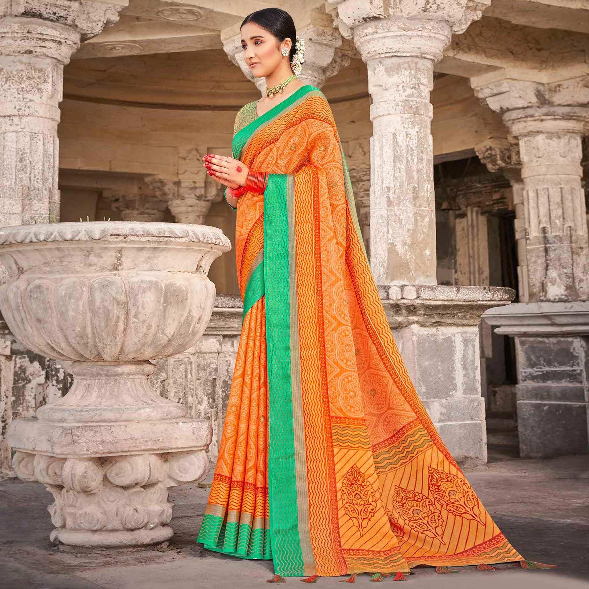 Orange Festive Wear Printed Brasso Saree - Peachmode