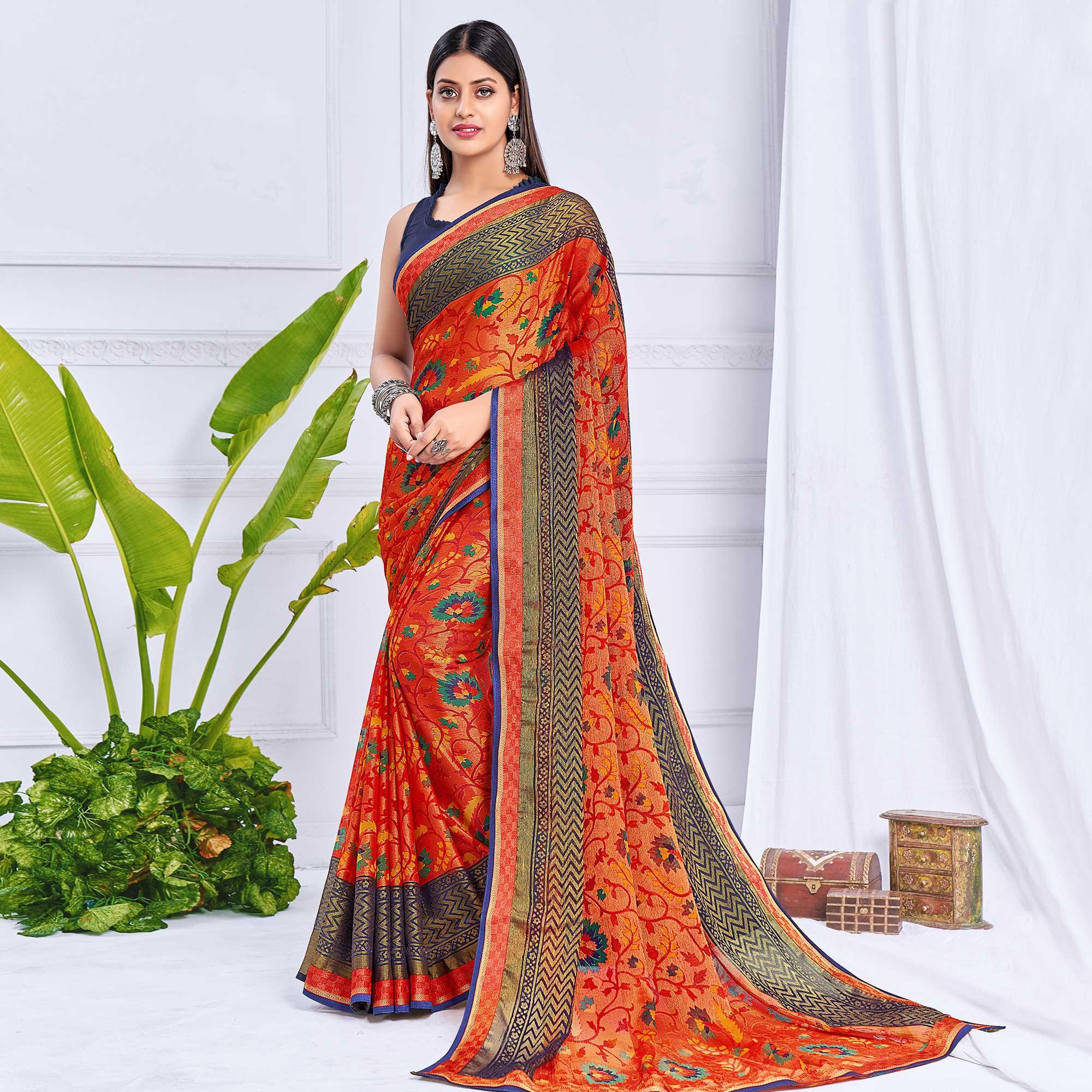 Orange Festive Wear Printed Brasso Saree - Peachmode
