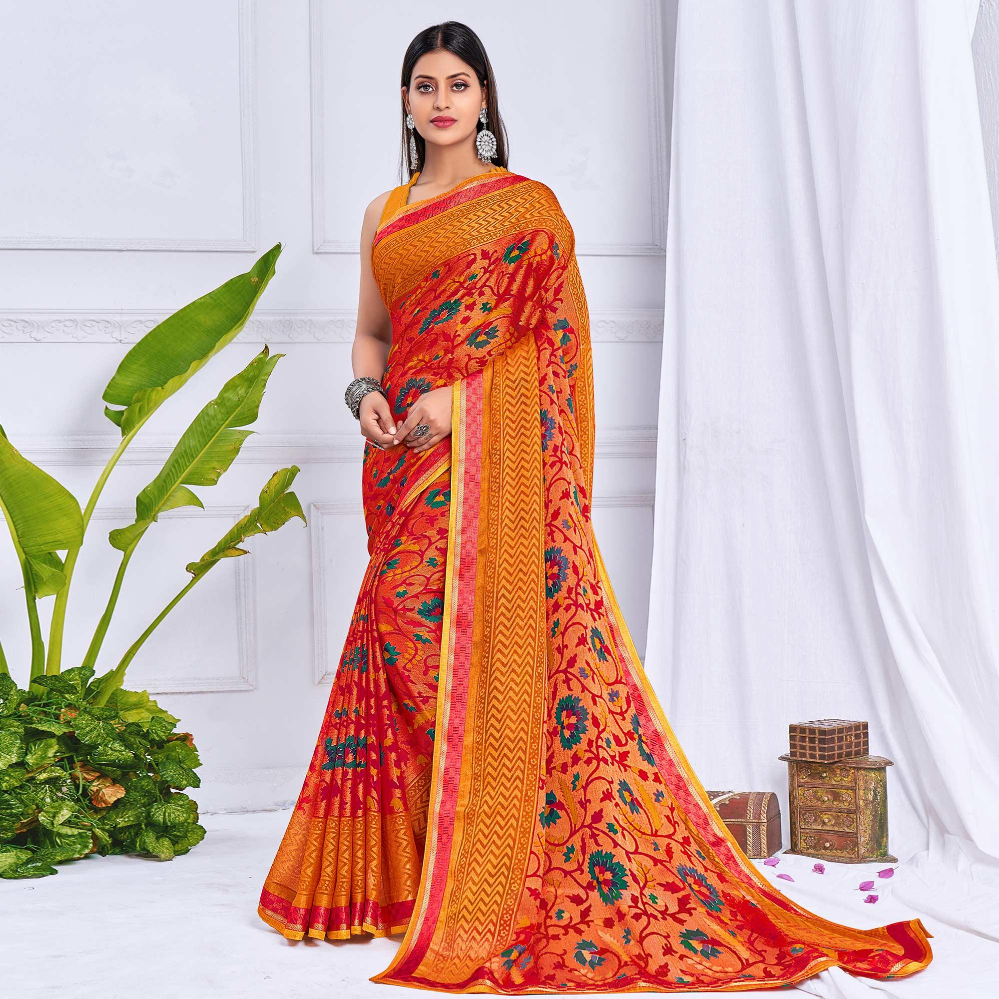 Orange Festive Wear Printed Brasso Saree - Peachmode