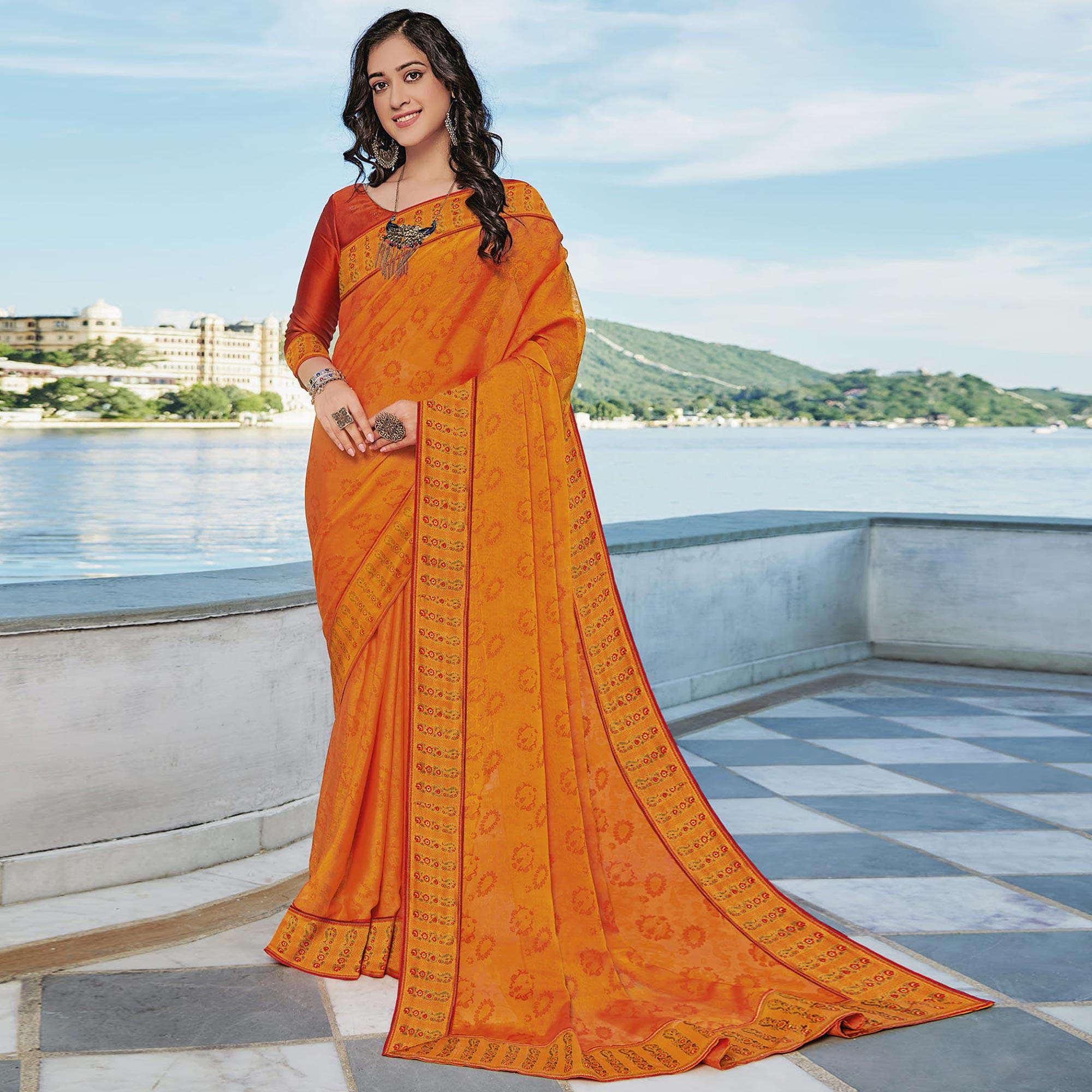 Orange Festive Wear Printed Brasso Saree - Peachmode
