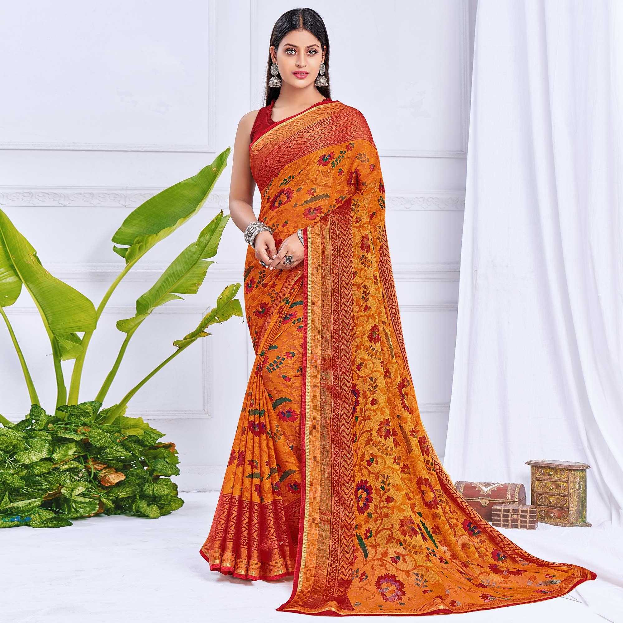 Orange Festive Wear Printed Brasso Saree - Peachmode