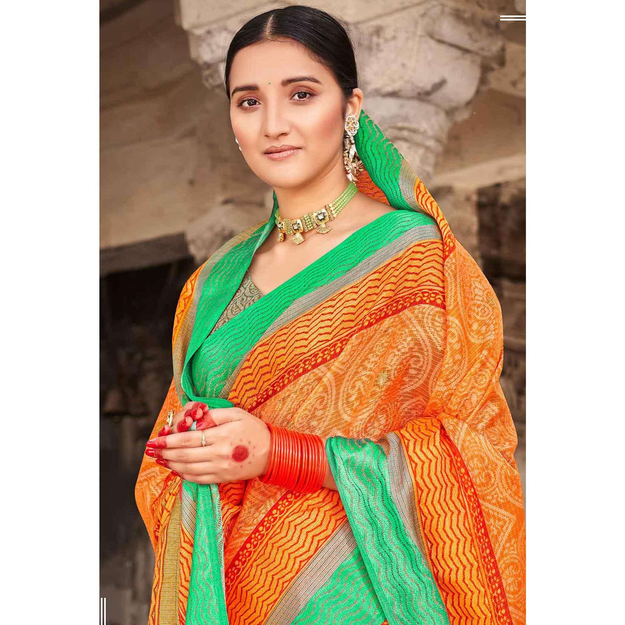 Orange Festive Wear Printed Brasso Saree - Peachmode