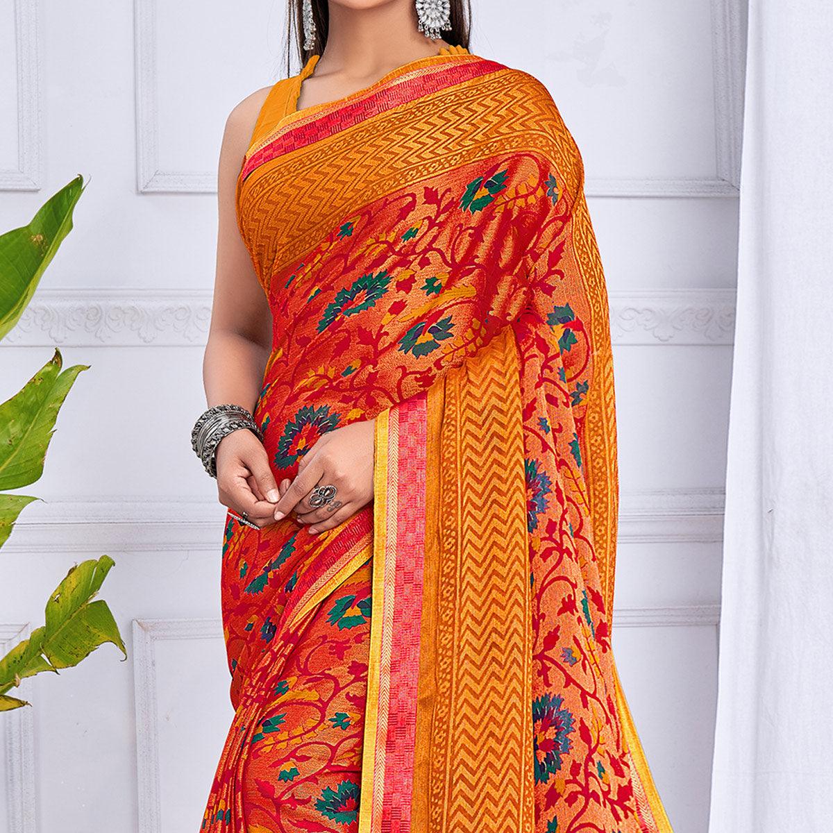 Orange Festive Wear Printed Brasso Saree - Peachmode