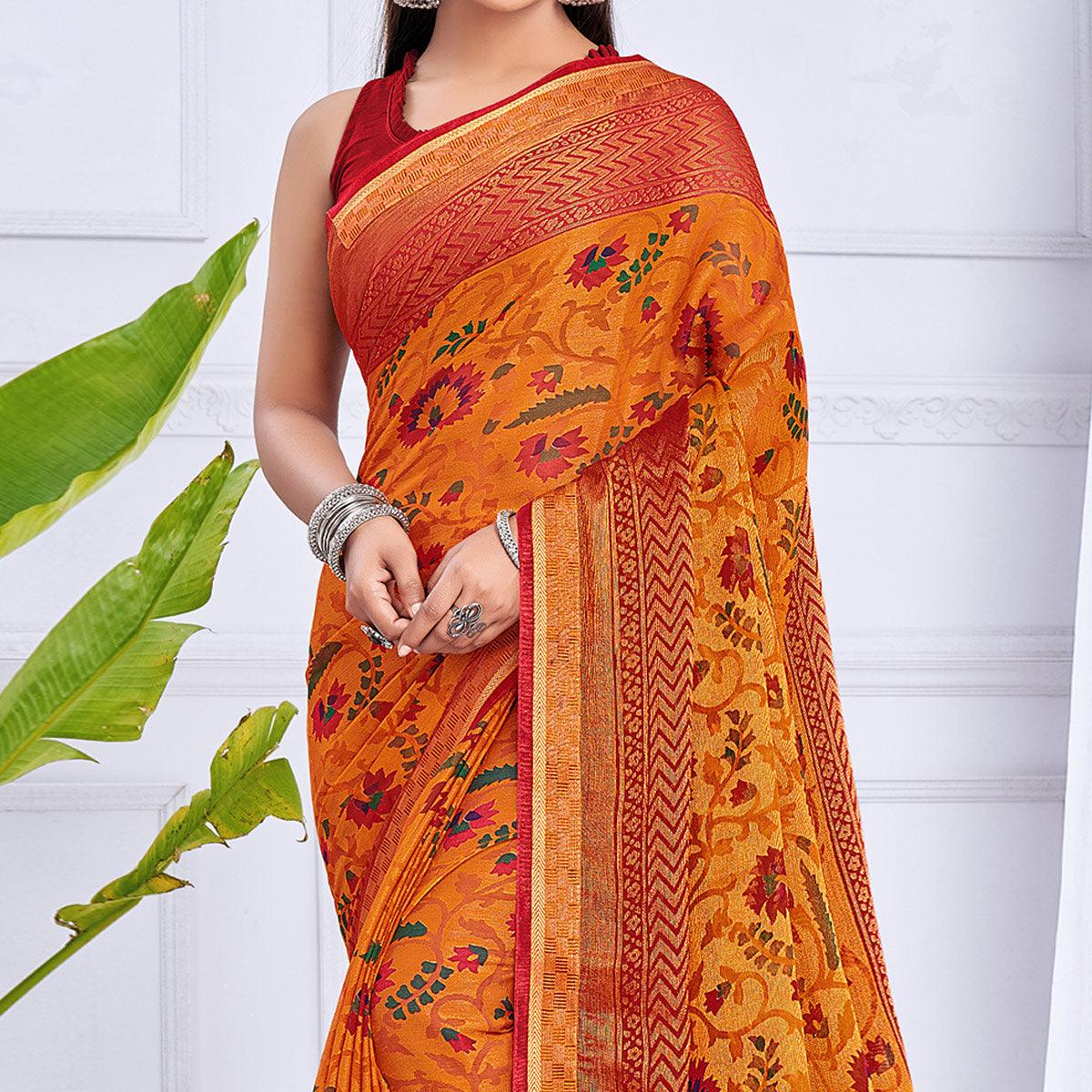 Orange Festive Wear Printed Brasso Saree - Peachmode