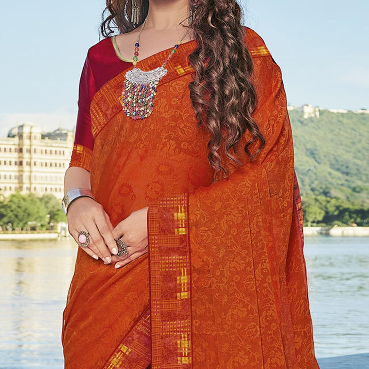 Orange Festive Wear Printed Brasso Saree - Peachmode