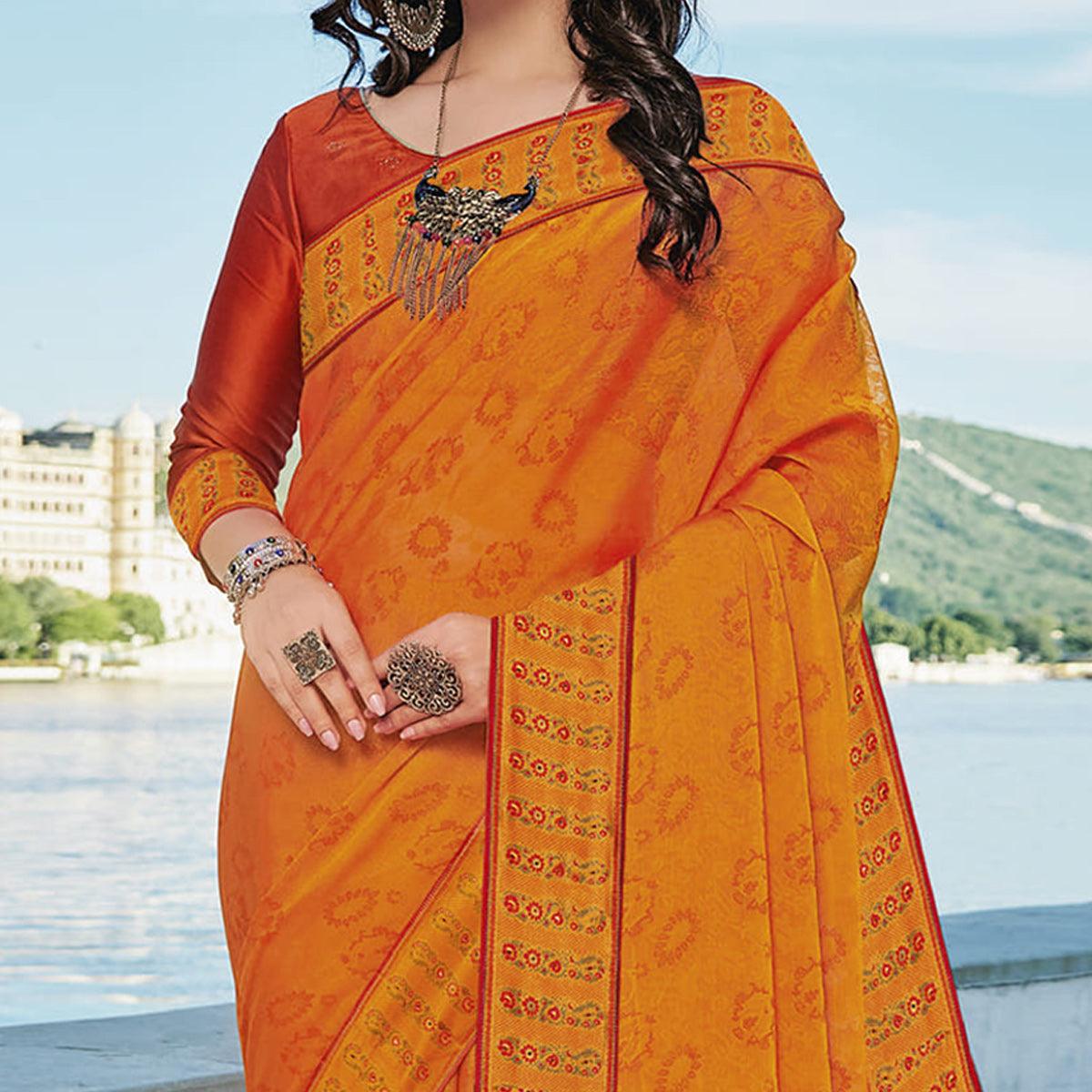Orange Festive Wear Printed Brasso Saree - Peachmode