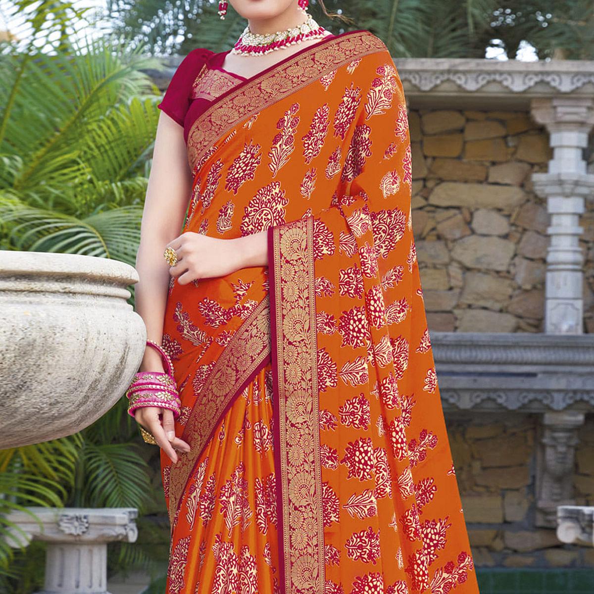 Orange Festive Wear Printed Chiffon Saree - Peachmode