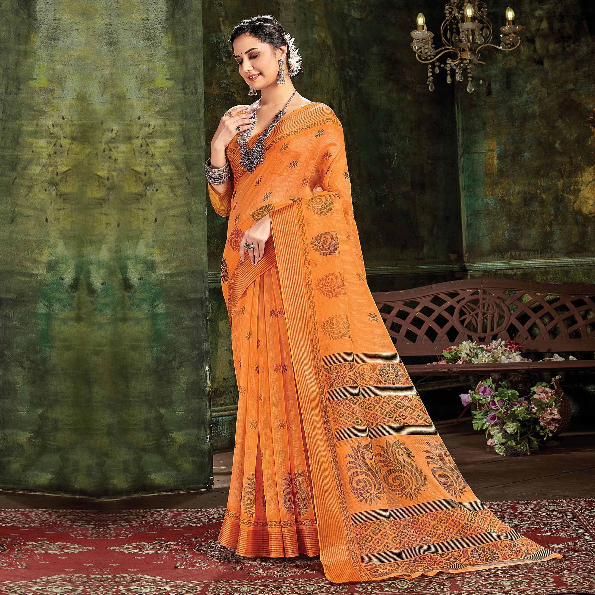 Orange Festive Wear Printed Cotton Saree - Peachmode
