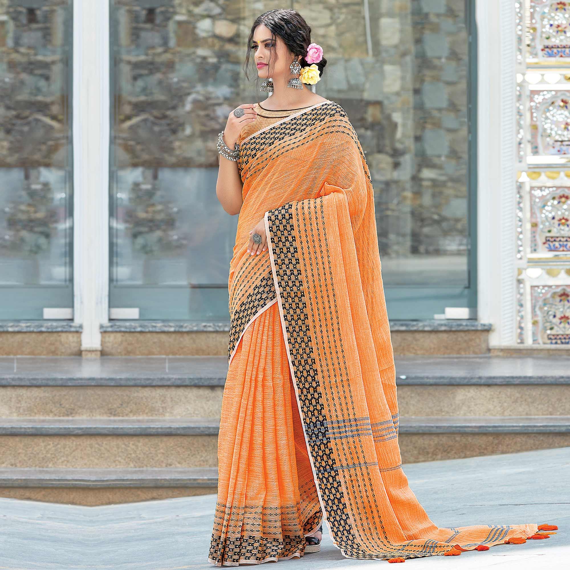 Orange Festive Wear Printed Linen Saree - Peachmode