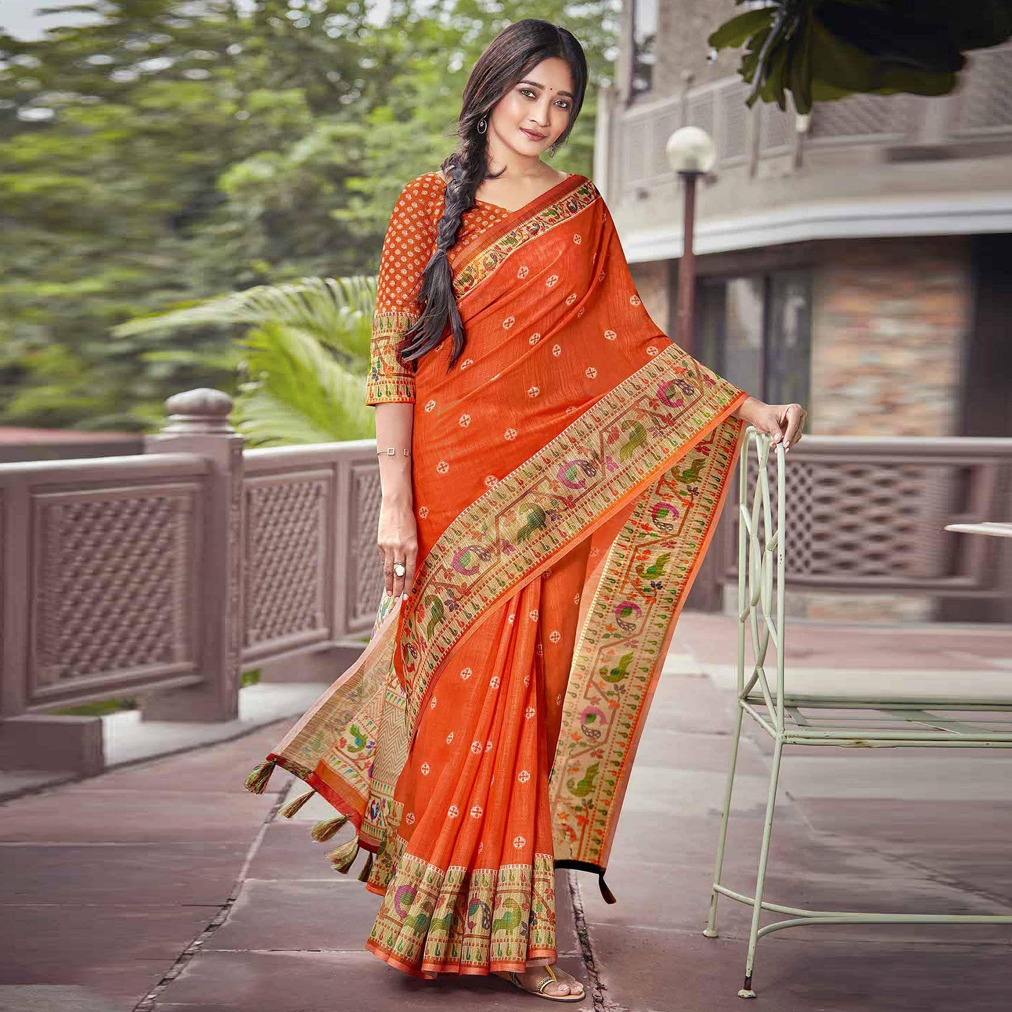Orange Festive Wear Printed Linen Saree With Border - Peachmode