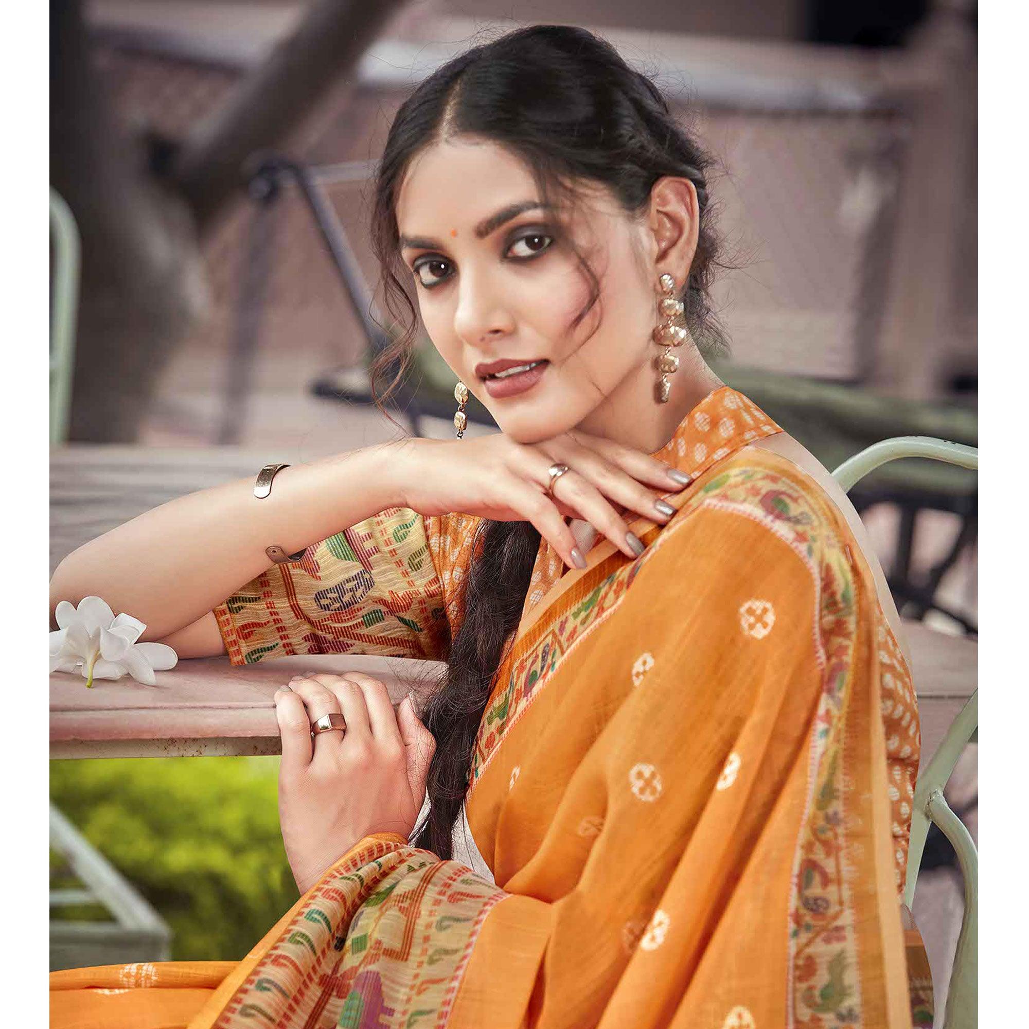 Orange Festive Wear Printed Linen Saree With Border - Peachmode