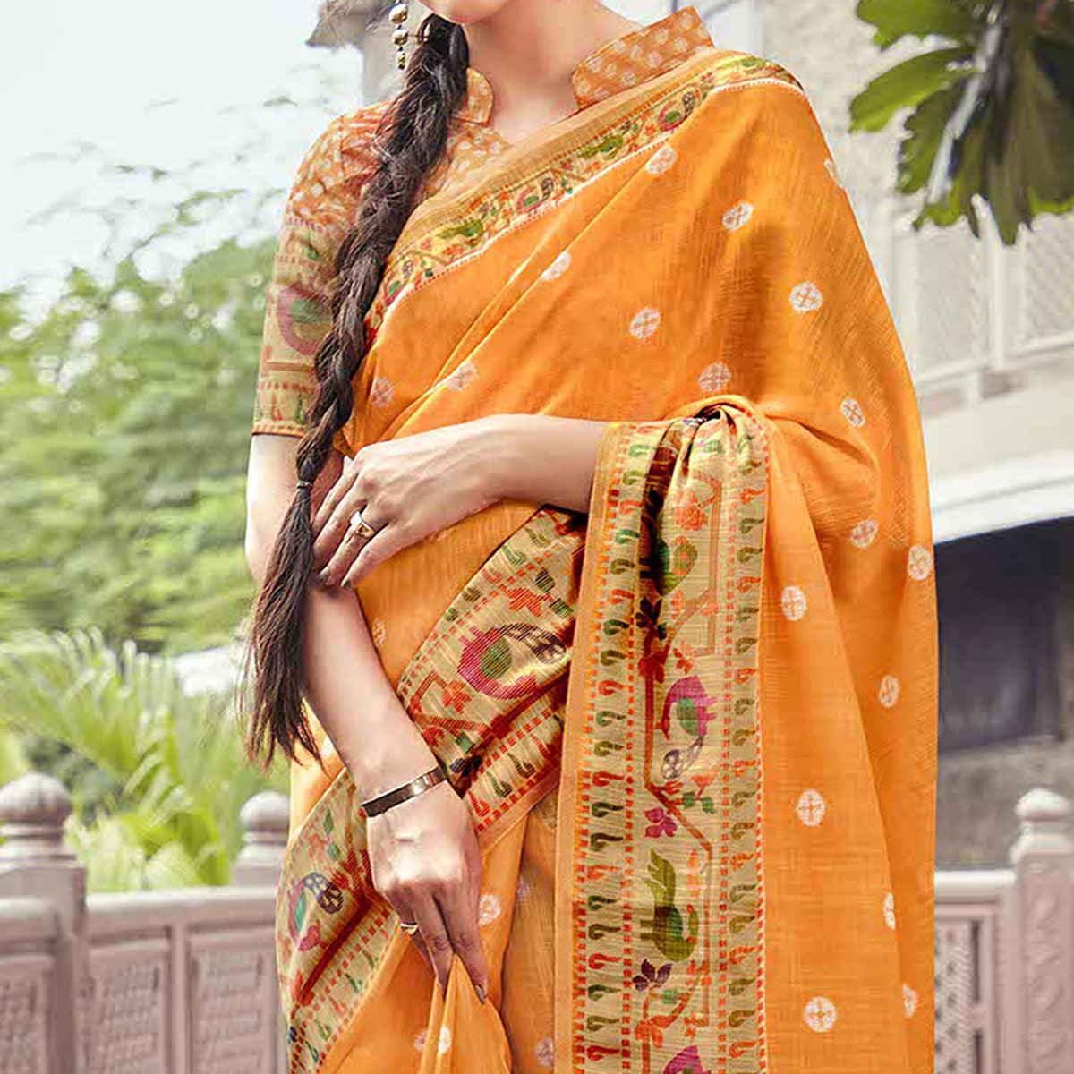 Orange Festive Wear Printed Linen Saree With Border - Peachmode