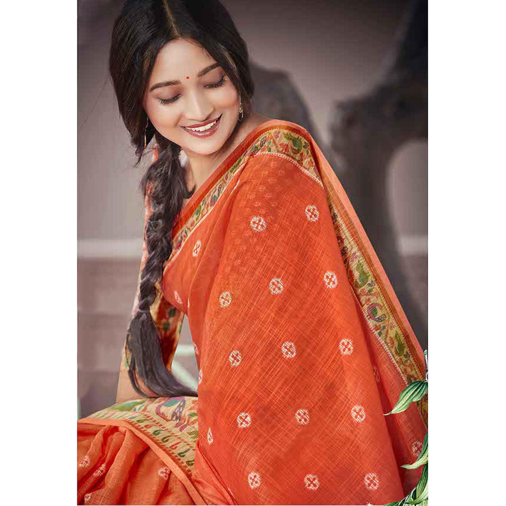 Orange Festive Wear Printed Linen Saree With Border - Peachmode