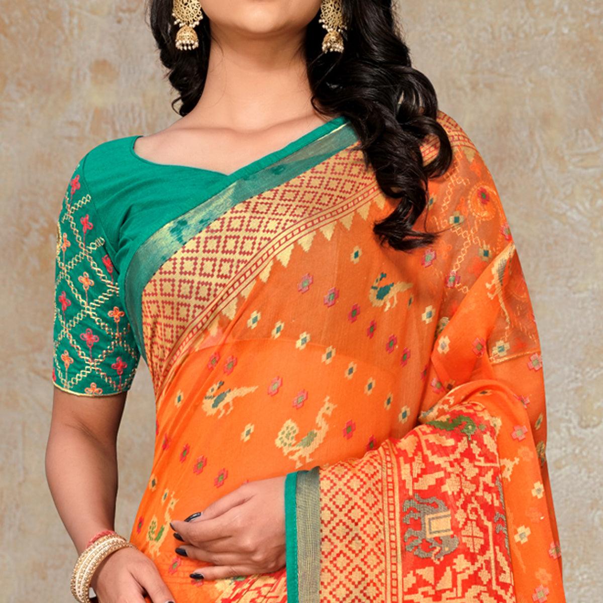 Orange Festive Wear Printed Organza Brasso Saree - Peachmode