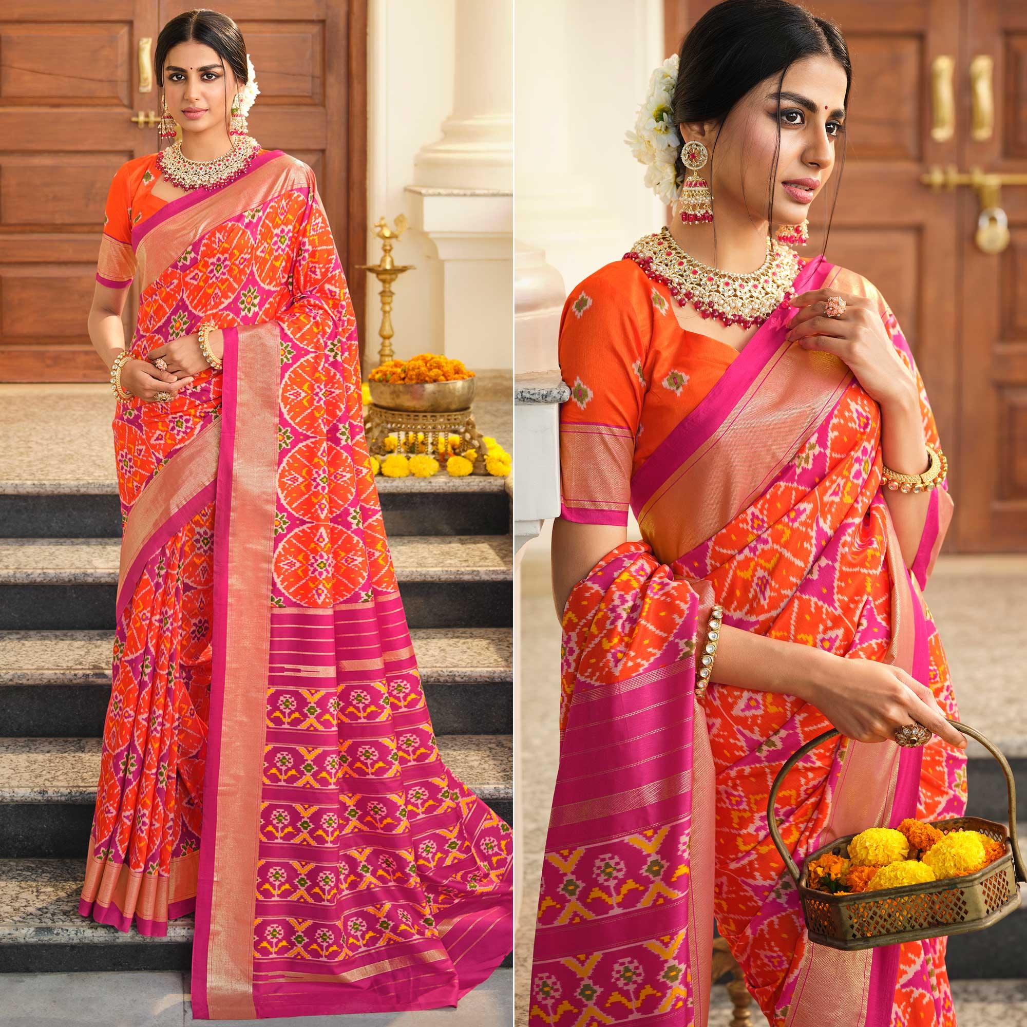 Orange Festive Wear Printed Patola Bhagalpuri Silk Saree - Peachmode